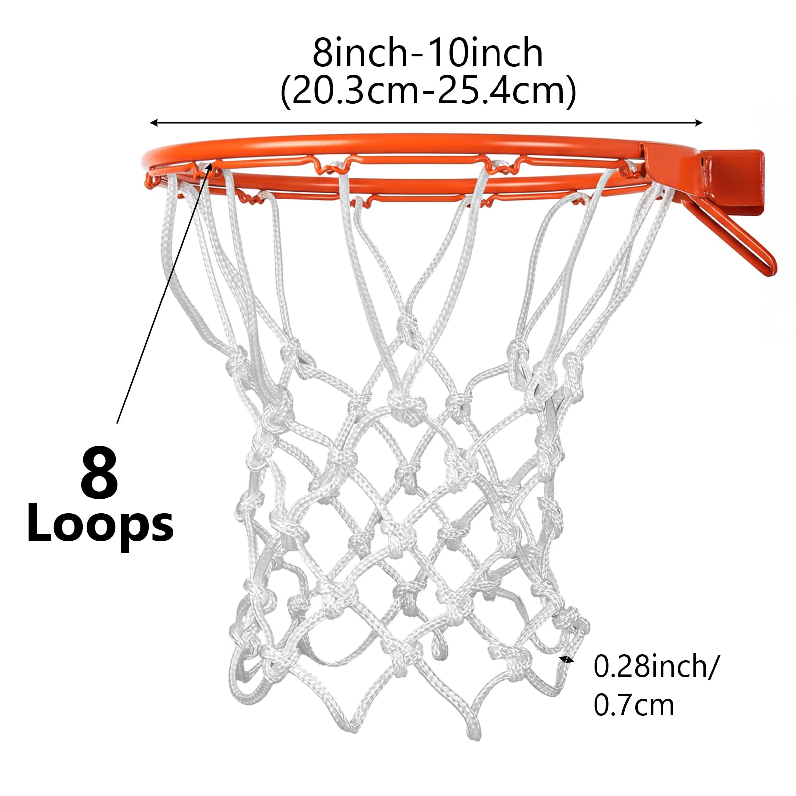 Lot de 2 mini filets de basket-ball de rechange pour petits cerceaux de basket-ball, accessoires toutes saisons, anti-fouet, 8 boucles, petit filet de panier pour chambre, intérieur et