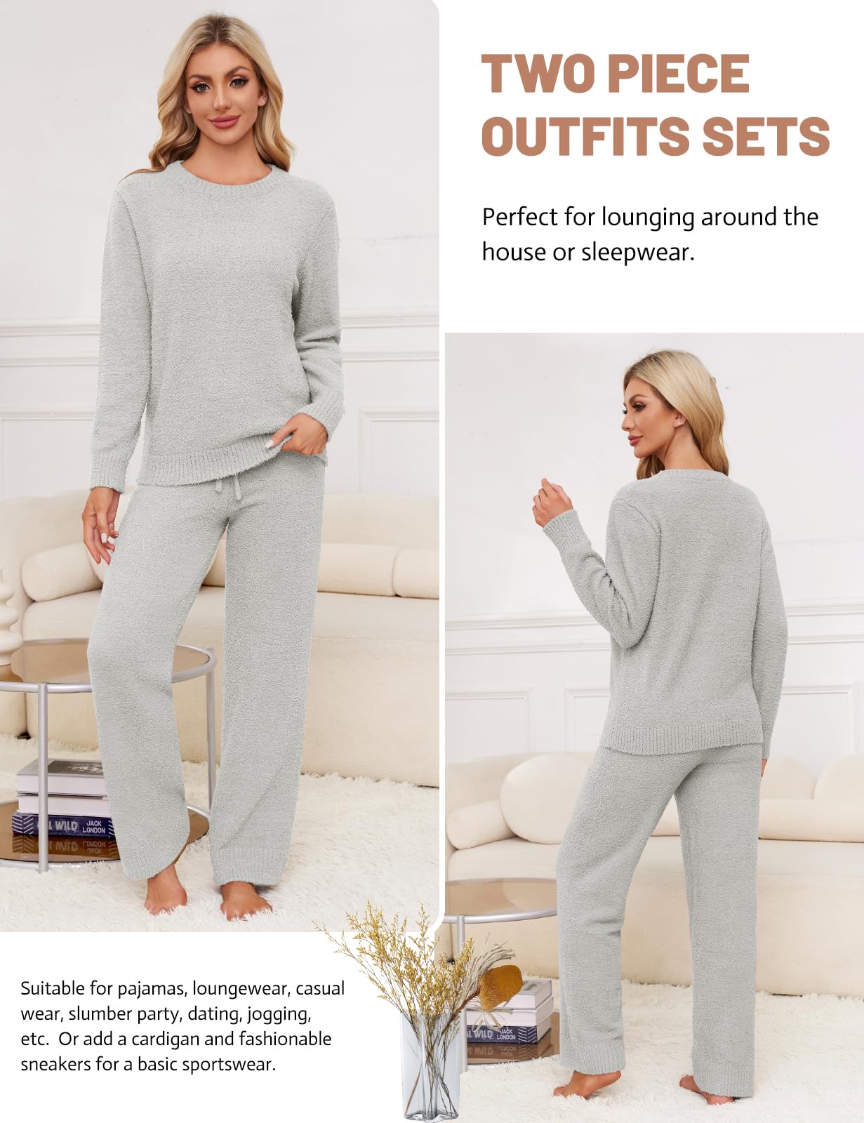 Pijama Mujer Invierno Polar Otoño Conjunto Punto Conjunto de Pijama de Navidad Chandal Completo Ropa de Dormir 2 Piezas Pjs Pullover Jersey Cuello Redondo y Pantalones de Salón