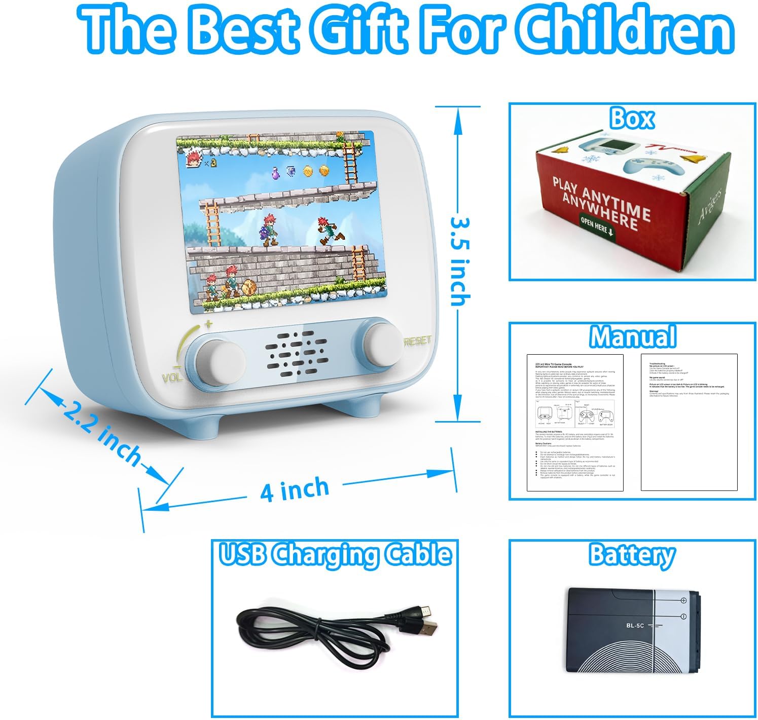 Handheld Game Console for Kids, Retro Mini Video Game Console with 2.8” Screen, Built-in 220 Classic Games, Rechargeable Portable Gaming Toy, No WiFi Needed, Gift for Boys Girls, Blue 8