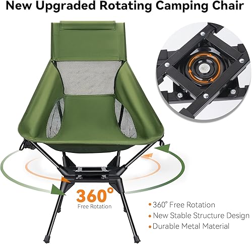Miniatura 3 de Silla de camping giratoria de 360 mejorada para adultos, silla plegable portátil con soporte para tazas, mochila compacta ligera para exteriores,
