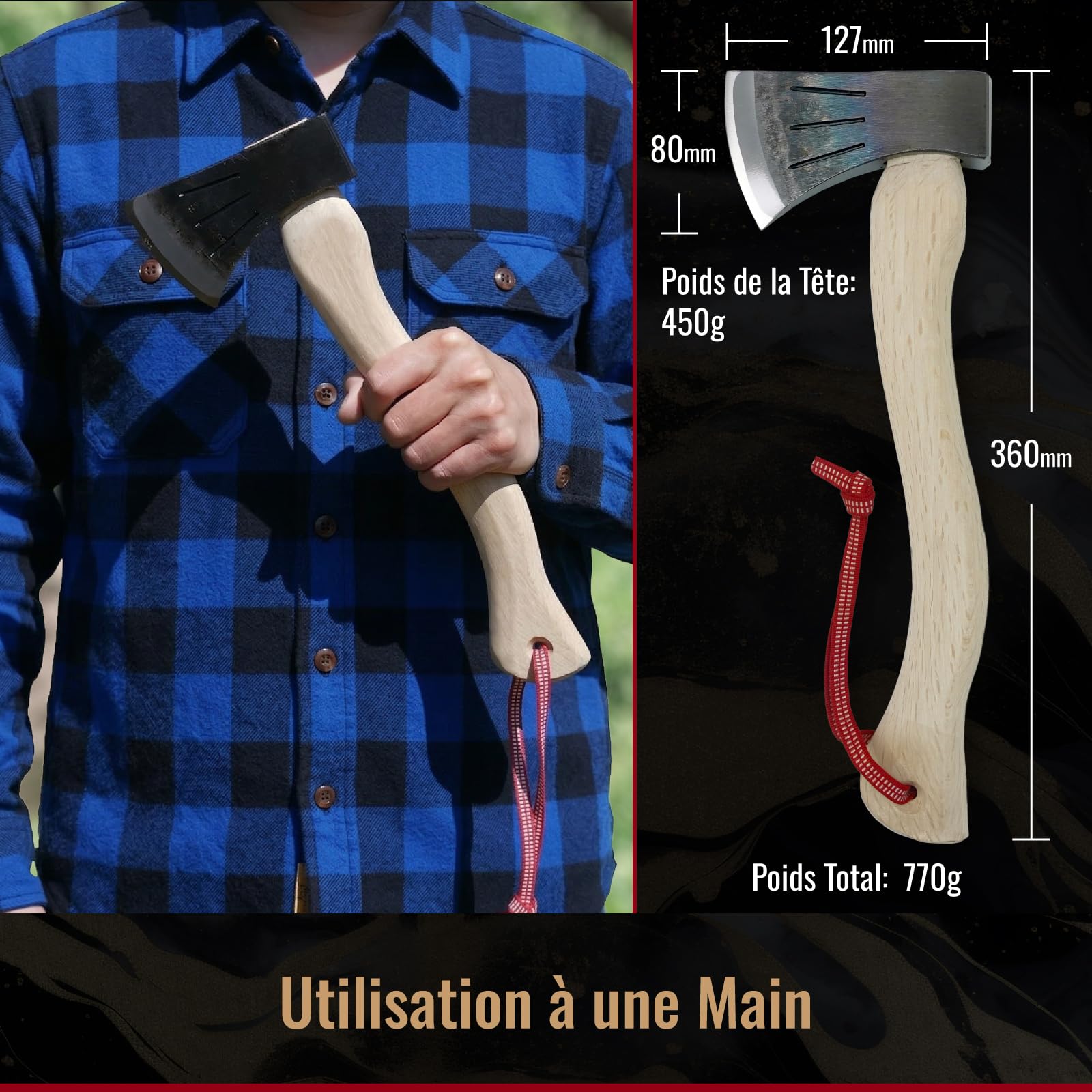 SUIZAN Hachette Japonaise 360mm - Hache à Main Camping Bushcraft Sculpture | Professionnelle Petite Forgé Artisanal Acier carbone Fendre Bois de chauffage Survie Plein air Cadeau Étui cuir Sanada-himo