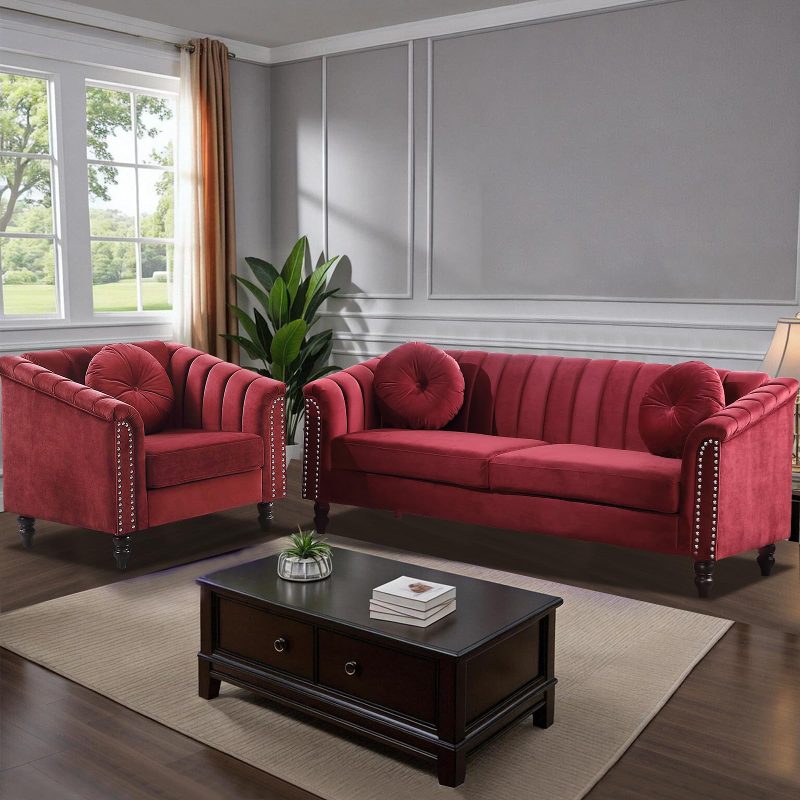 JBXBER Chesterfield Sofa Sets for Living Room, Microfiber Sofa and Loveseat with Chair with 5 Pillows, Chenille Sofa Sets for Small Spaces Apaetment(