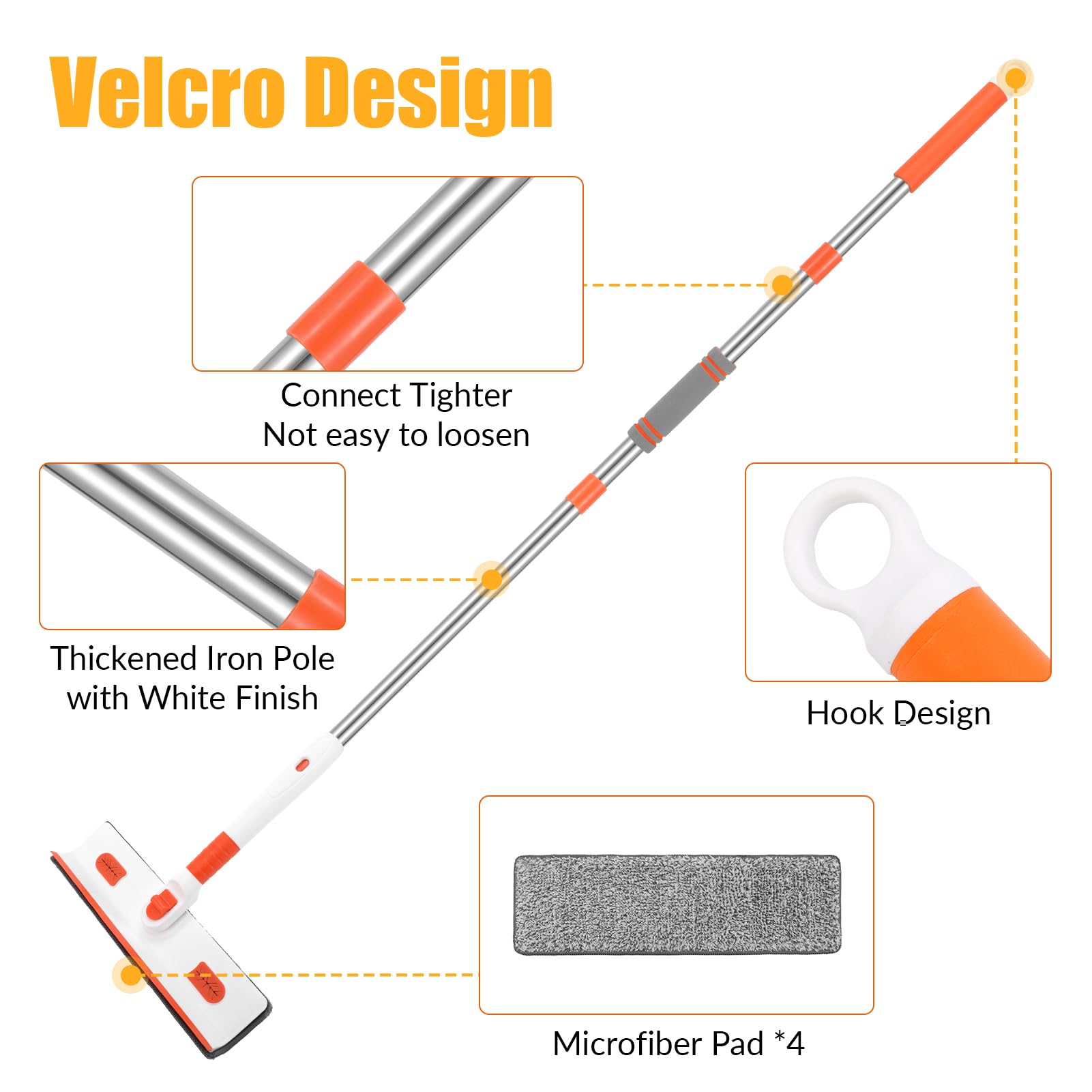 Mopa de pared con mango largo, herramienta de limpieza de vidrio para ventanas de techo, fregona de limpieza de pared con mango retráctil con 4 paños de repuesto de fibra reutilizables