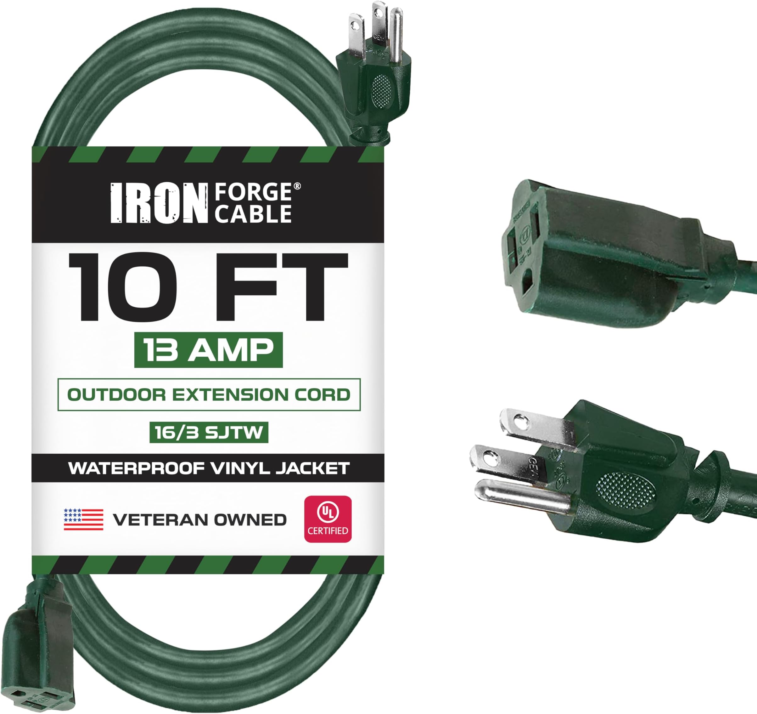Weatherproof 10 Ft Outdoor Extension Cord - 16/3 SJTW Heavy Duty Green Extension Cord 3 Prong - 13 Amp Exterior Power Cable