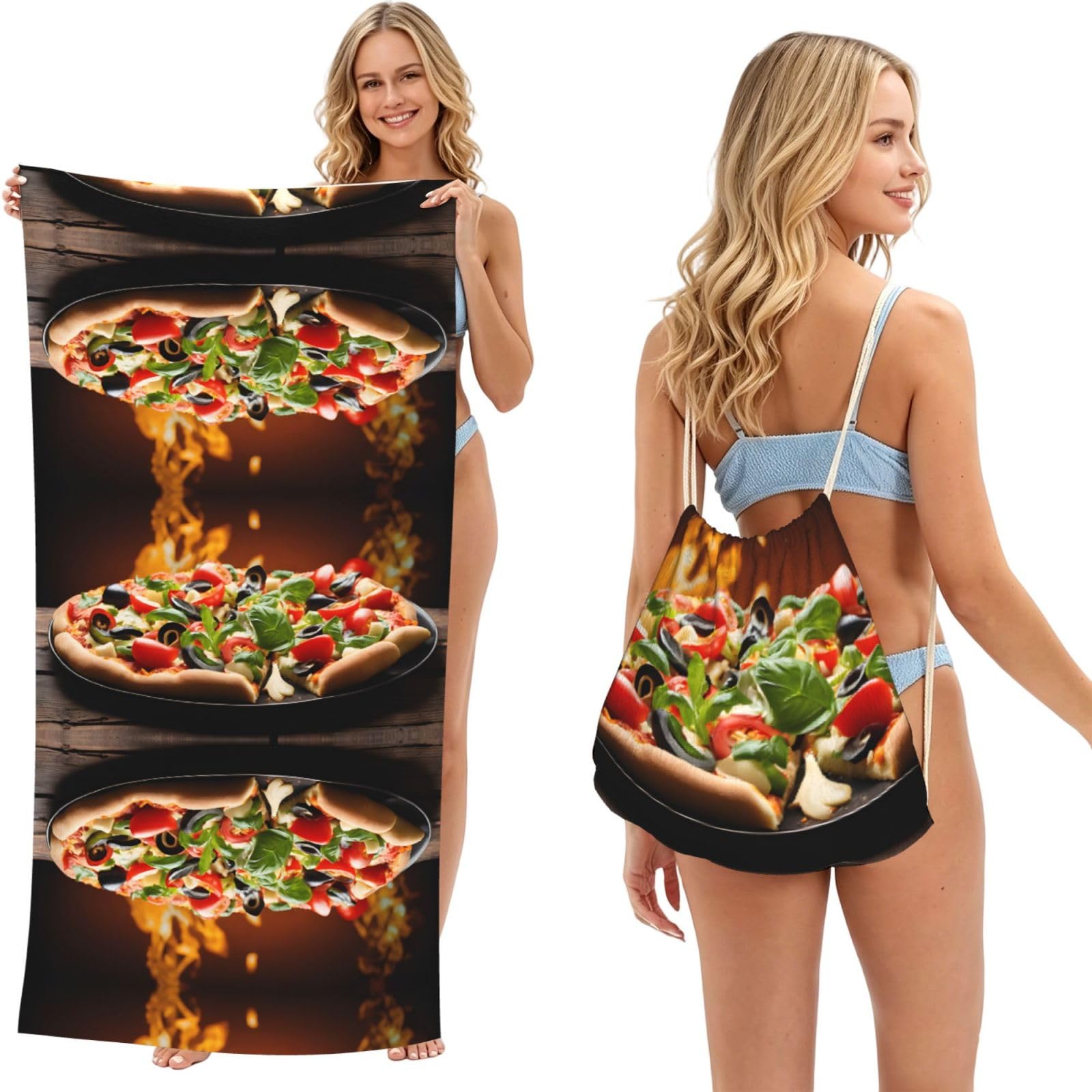ESNAIUVCD Large Pizza Print Beach Towel For Adults,Towel With Drawstring Bag, Travel Pool Swimming Sports Shower Sand Free Quick Dry Bath Towel For Pool, Beach, Yoga- 180x60cm