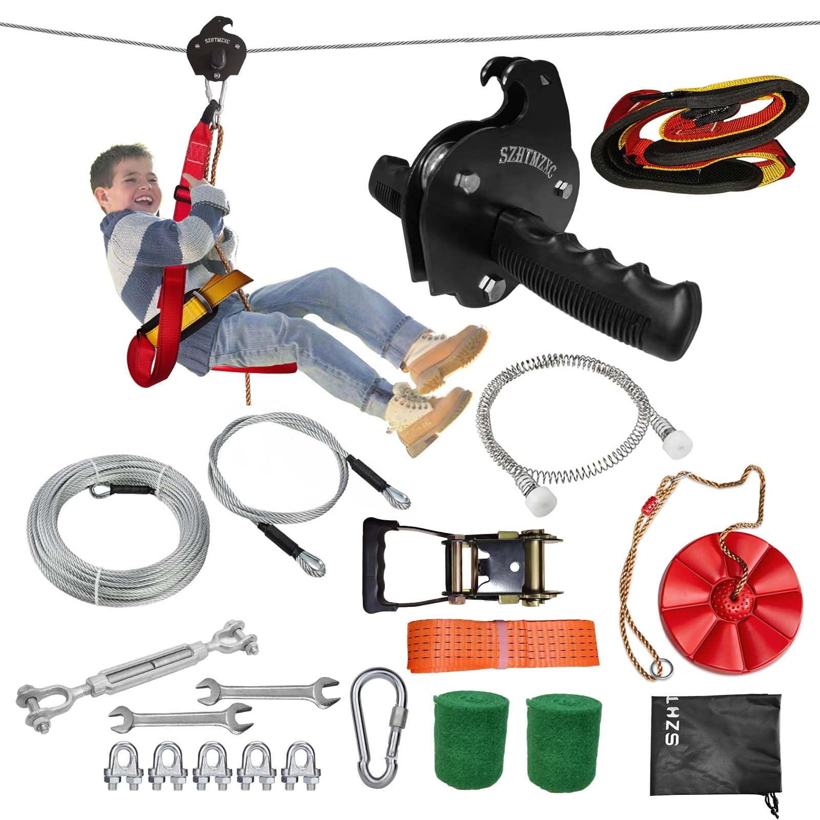70ft Zipline Kit for Kids and Adults 350Lbs Backyard, Zip Line Stainless Steel Spring Brake, Adjustable Seat, Dual Tightening, Easy Installation Outdoor Adventure Equipment