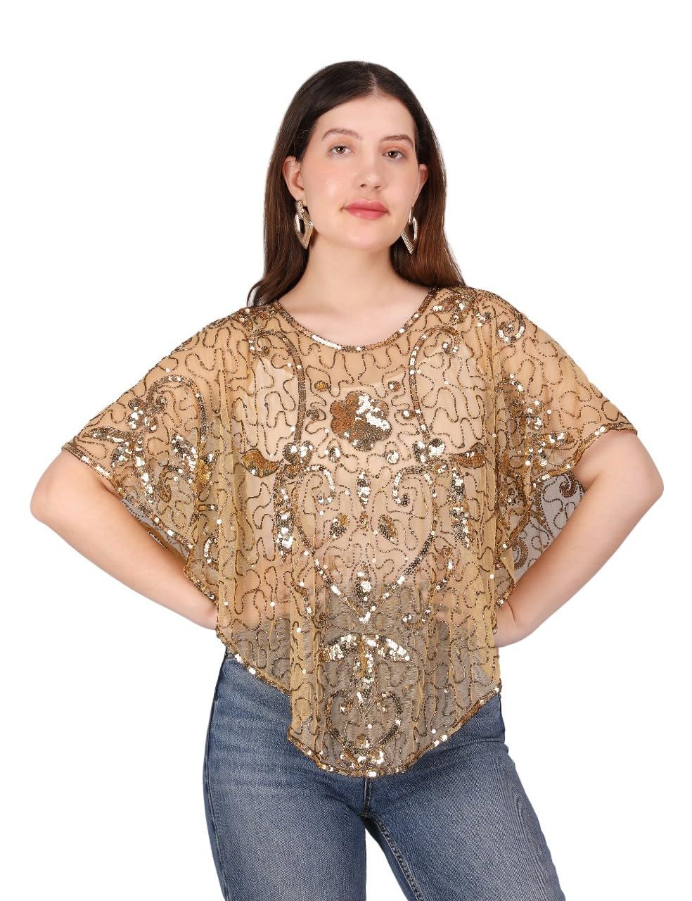 Women?s Black Net Embroidered Cape Poncho | Elegant Sequin Shrug Designer Western Top-image-22