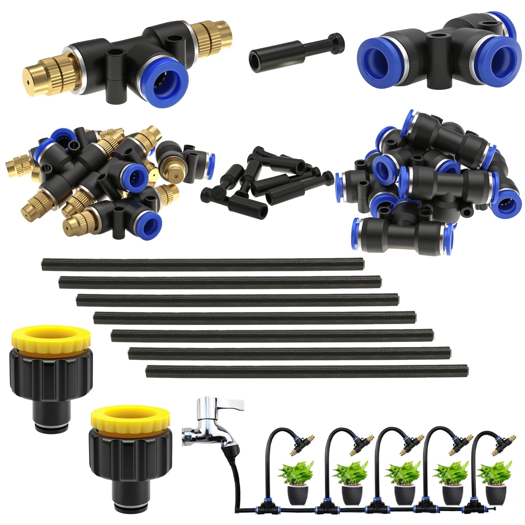 CESFONJER Nozzles Kit, Brass 360Β° Adjustable T Type Double Head Atomizing Nozzle, With 8mm Quick-Connect Adapter For Watering Irrigation Lawn Terrace Garden System