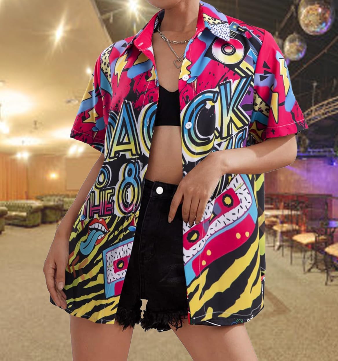 80s 90s Outfits Shirt Women Retro Disco Party Button Up Tshirt Hawaiian Beach Short Sleeve Blouse Top - Image 2