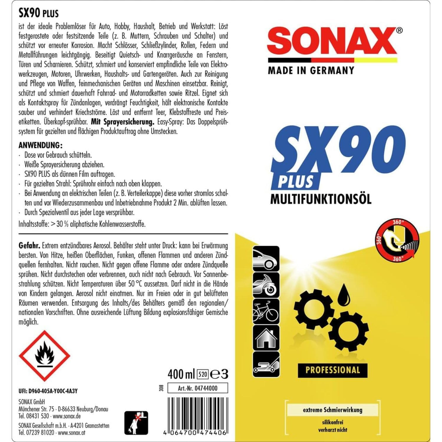 SONAX SX90 Plus Multifunktionsöl (6x je 400ml), Easy-Spray Rostlöser Schmiermittel Pflege-Öl