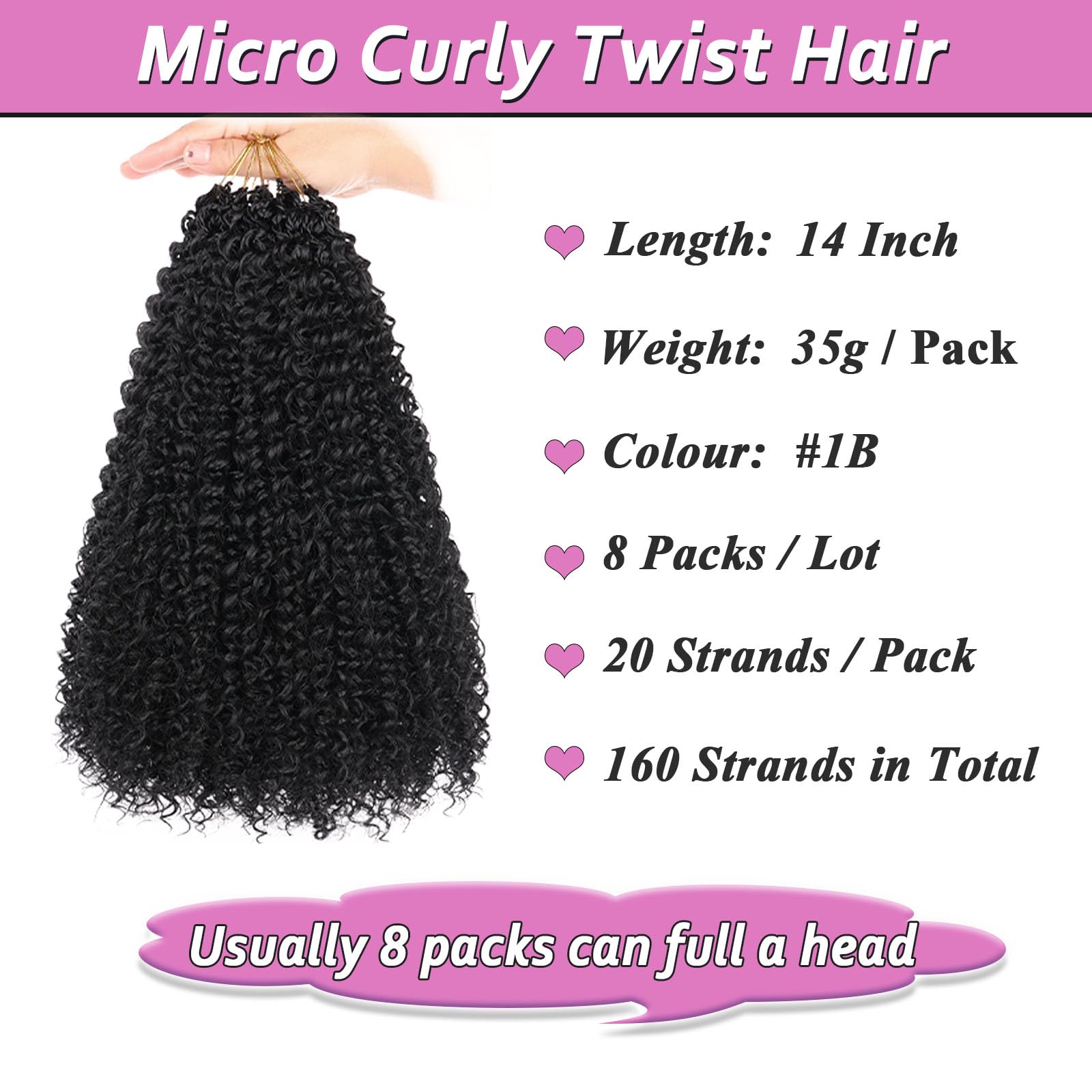 14 Inch Pre Looped Micro Curly Twist Crochet Hair 8 Packs Black Mini Passion Twist Micro Twist Kinky Curly Hair Extensions Yanky Twists Crochet Hair Synthetic for Black Women (#1B)