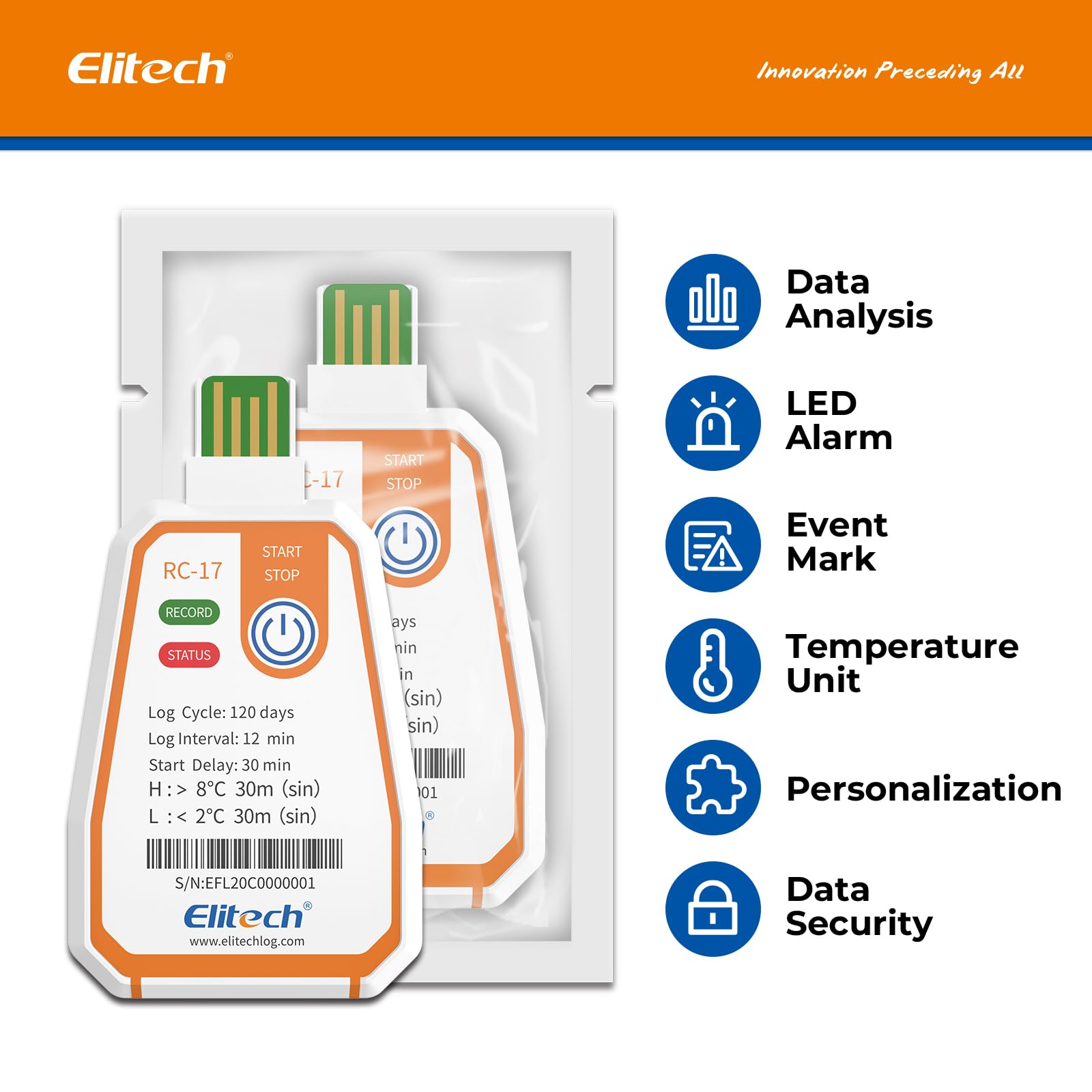 Elitech Enregistreur de Température USB à Usage Unique RC-17 5Pcs, Paramètres Réglables, Enregistrement 120 Jours pour Chaîne du Froid Aliments Médicaments, Étanche IP67, Export Auto PDF
