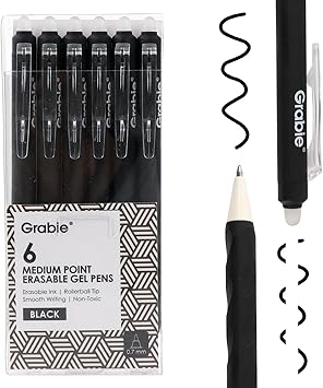 Grabie Erasable Gel Pens, Medium Point 0.7 mm Erasable Pens, Make Mistakes Disappear for Drawing Writing Planner, Pack of 6, Black