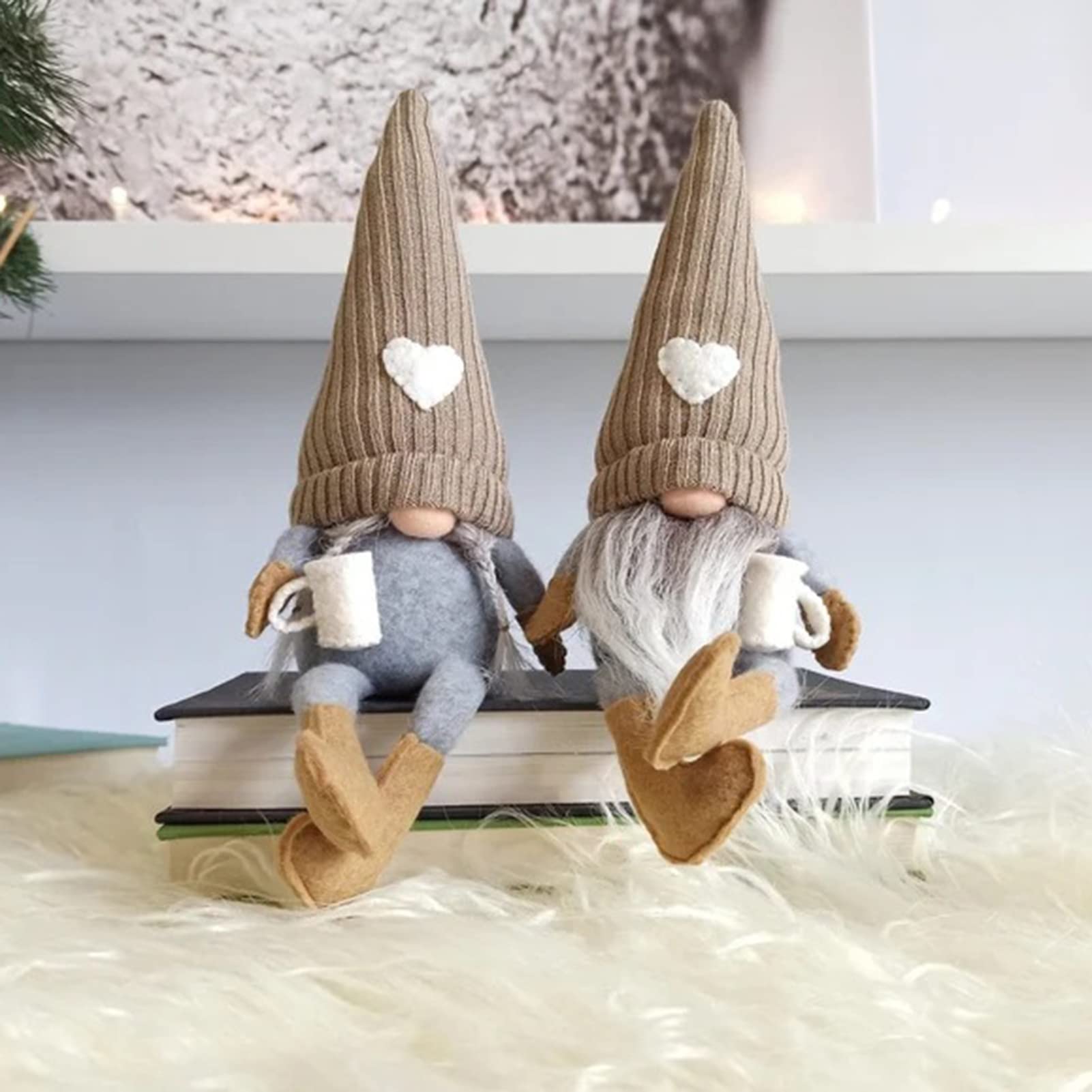 HshDUti 2 Pcs Coffee Gonk Gnomes Plush Bar Decor, Handmade Swedish Tomte Gnomes Gifts Farmhouse Scandinavian Figurine Gnome for Home Kitchen Coffee Table Shelf Decor Brown