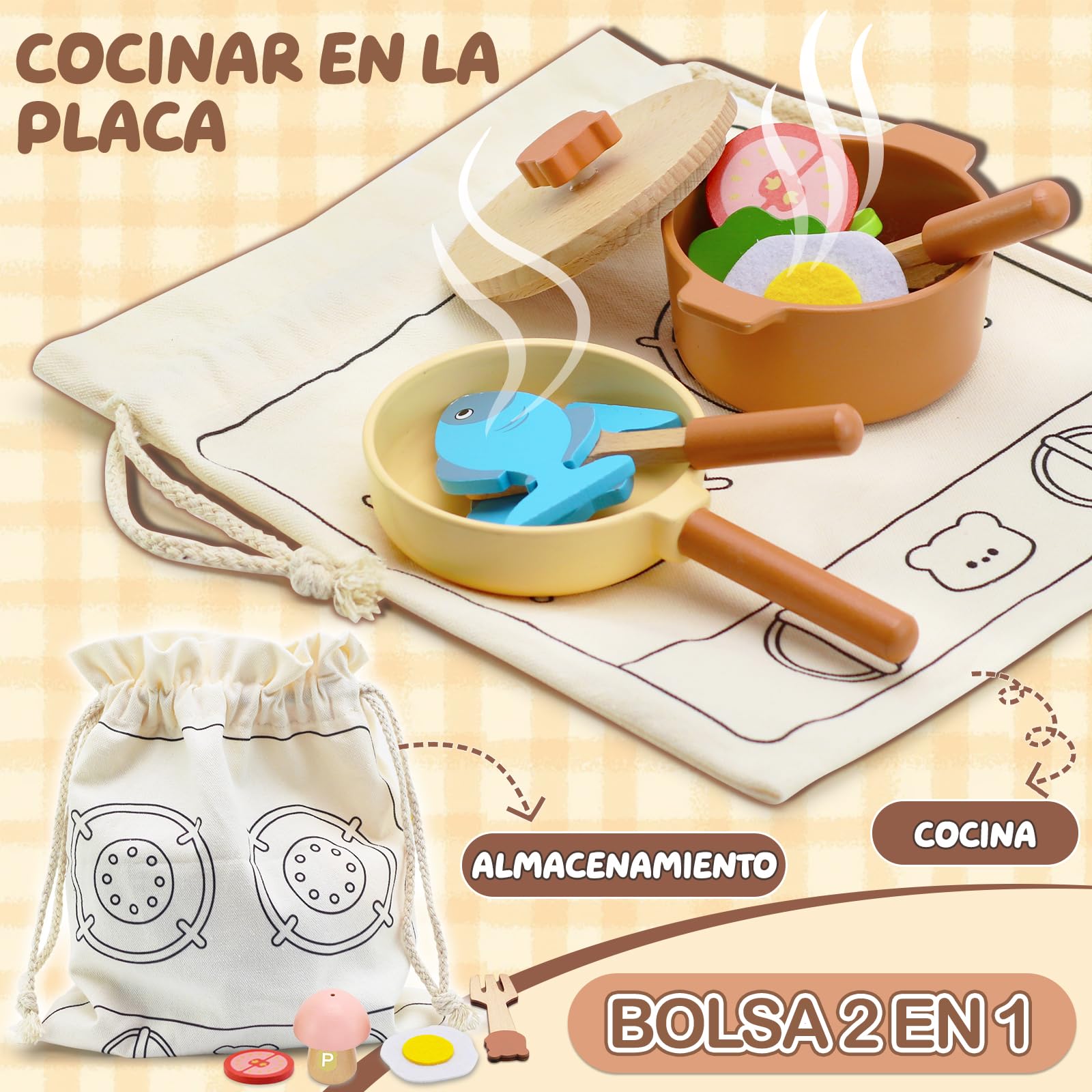 VBACALA Accesorios Cocina Juguetes para Niños,46 Piezas Cocina Juguete Madera con Ollas,Vajilla,Alimentos Cortables,Bolsa de Almacenamiento,Regalo Juego de rol de Cocina para 3+ Años Niños y Niñas