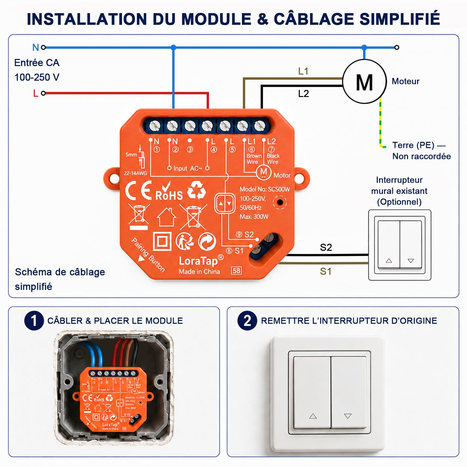 LoraTap Interrupteur Volet Roulant Double Commande: App WiFi + Télécommande Sans Fil – Voix Alexa Google Assistant – Programmation – Interrupteur Manuel Conservé – Moteur AC 4 Fils 300W