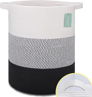 Cotton Rope Blanket Basket, 72L Laundry Hamper, White& Gray& Black | 16"x 22", Large Collapsible Woven Nursery Hamper with Sturdy Handles for Clothes Toys Towels, Bedroom Living Room Bathroom