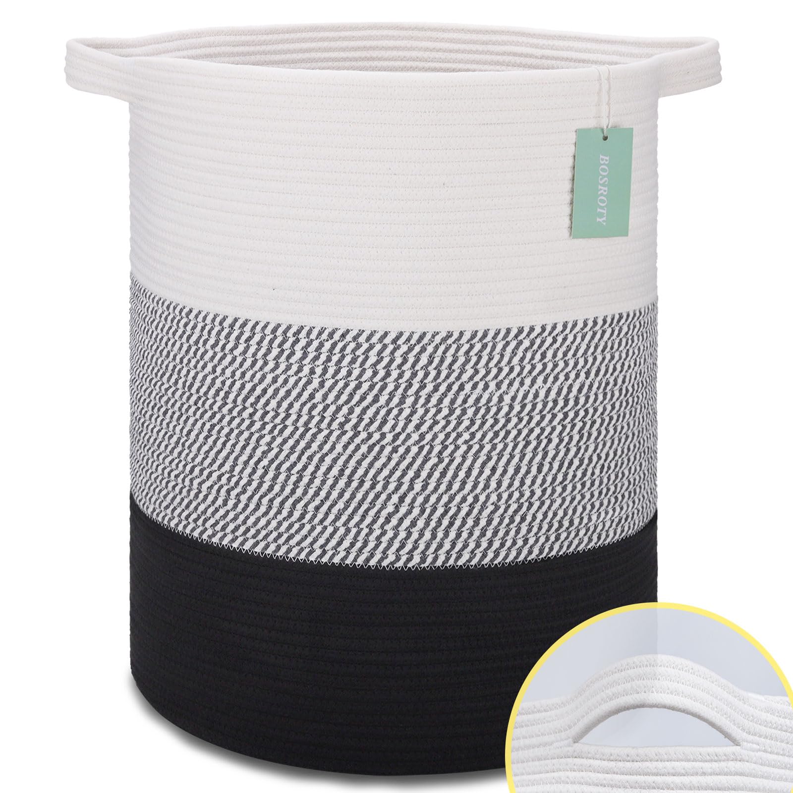 Cotton Rope Blanket Basket, 72L Laundry Hamper, White&amp; Gray&amp; Black