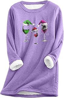 2025 - Jersey navideño para mujer, manga larga, cuello redondo, forro polar, bolsillo, forro polar grueso, suéter térmico (5) conjunto de ropa interior térmica para mujer