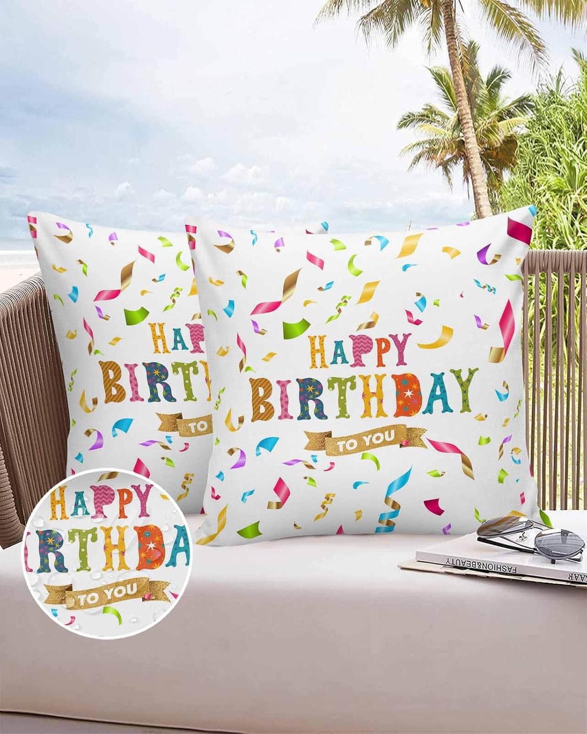 Vandarllin Outdoor Throw Pillows Covers 20x20 inch Set of 2 Waterproof Happy Birthday Decorative Zippered Cushion Covers for Patio Furniture, Colorful Ribbon Celebration Lumbar Pillowcases