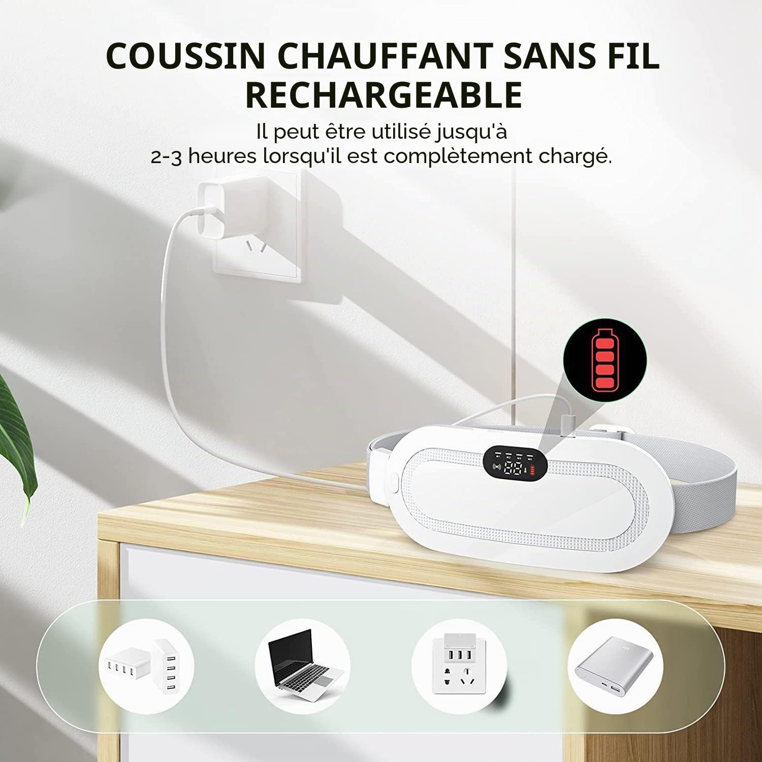 Ceinture Menstruelle Chauffante Avec Batterie 2500 mAh, 3 Modes De Température et 3 Modes De Massage, Coussin Chauffant Rechargeable Par USB Pour Maux De Dos, Crampes, Jambes
