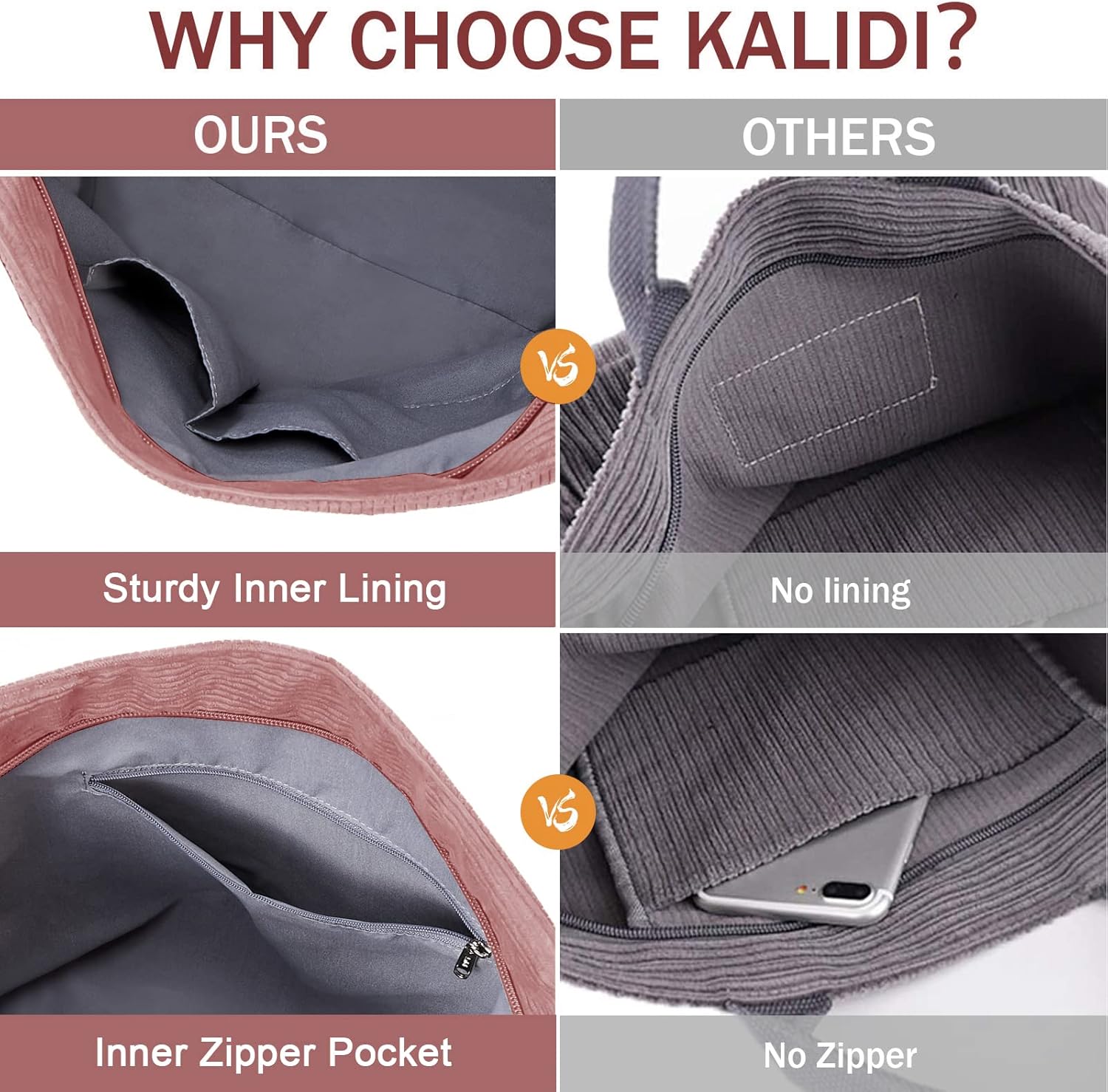 KALIDI Corduroy Tote Bag, Large Messenger Bag Shoulder Hobo Anti Splash Crossbody Zipper Bag Casual Work Shopping Women - Image 7