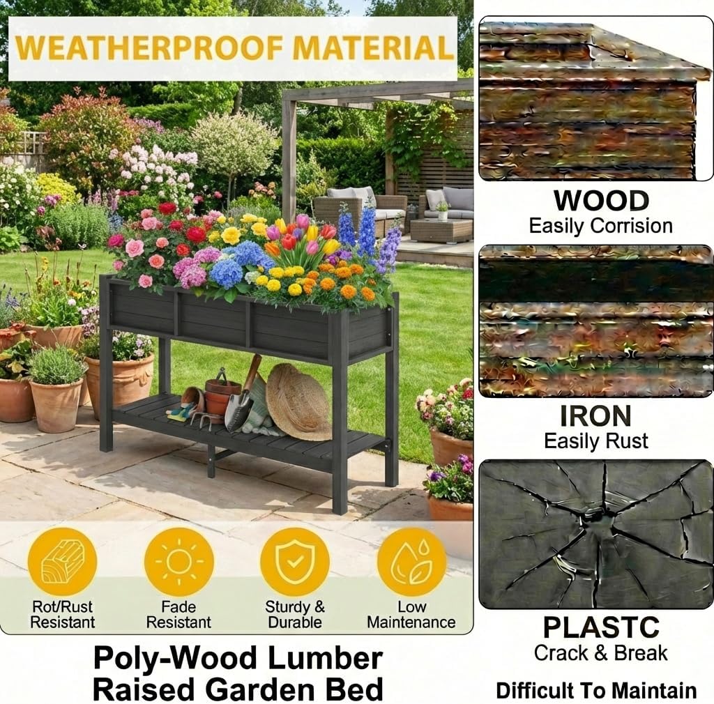 DWVO 48x18x30in Raised Garden Bed Kit, HDPE Planter Box Stand, Poly Wood Weather-Resistant Planter Box with Legs & Storage Shelf, Elevated Garden Bed for Backyard, Patio, Balcony,Black