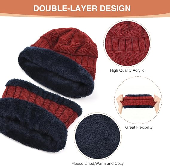 Winter Beanie Hat Scarf Glove Set for Women Snow Knit Thick Fleece Lined Ski Hat,Mens Warm Neck Warmer Touchscreen Mittens