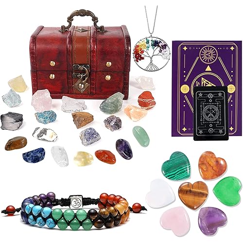 30Pcs Crystals and Healing Stones Set Include 14pcs Healing Chakra Stones 7pcs Spiritual Crystal Love Stone 7pcs Chakra Crystal Raw Stone Gift Wooden Box for Meditation, Yoga, Collection