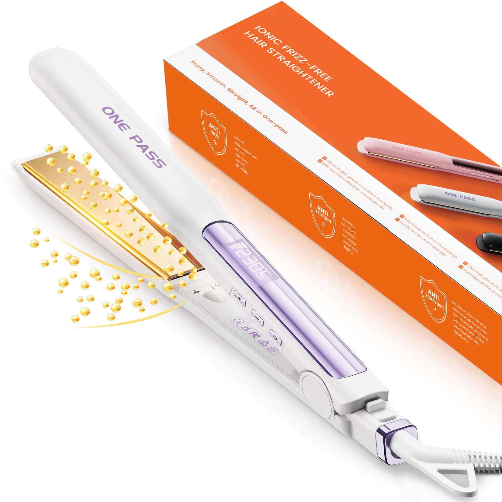 Faszin Professional 2-in-1 Hair Straightener, Titanium Ion Plates, Heating in Just 20 Seconds, Clear LCD Display, Ideal for Straight, Curly and Wavy Hair