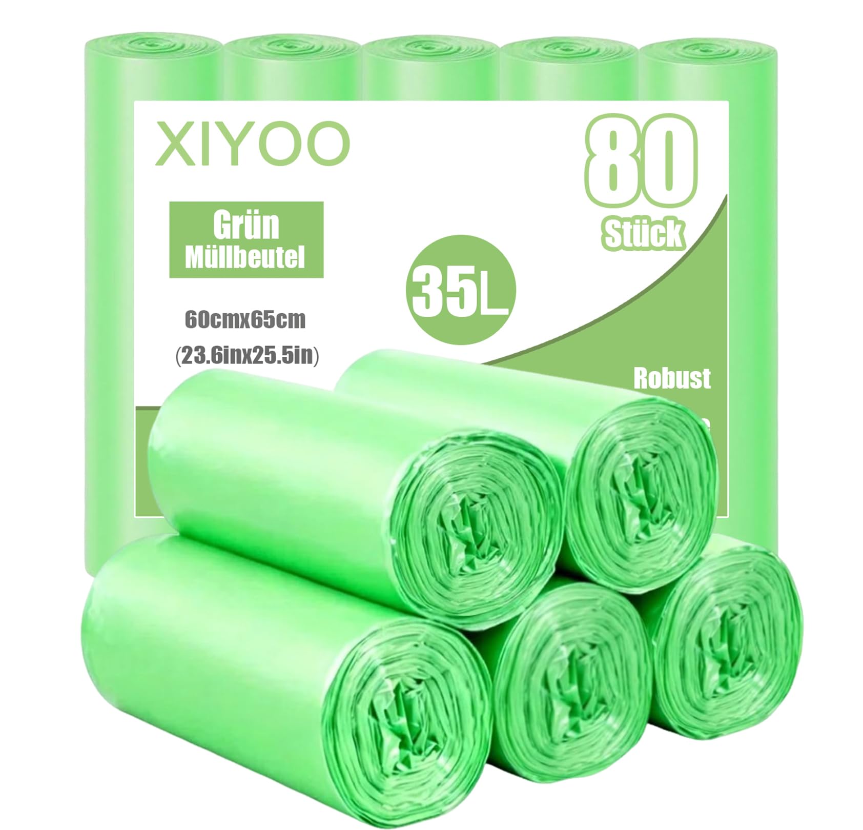 XIYOO Biomüllbeutel Müllbeutel 35L Müllsäcke 80 Stück Grün Abfallbeutel Reißfest Mülltüten，Geeignet für Badezimmer,Küche,Büro