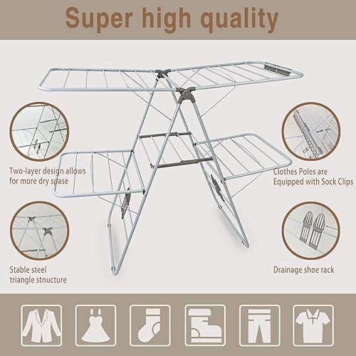 Miniatura 2 de Estante de secado de ropa, estantes plegables de 2 niveles para secar ropa, estante de secado de acero inoxidable plegable para interiores y