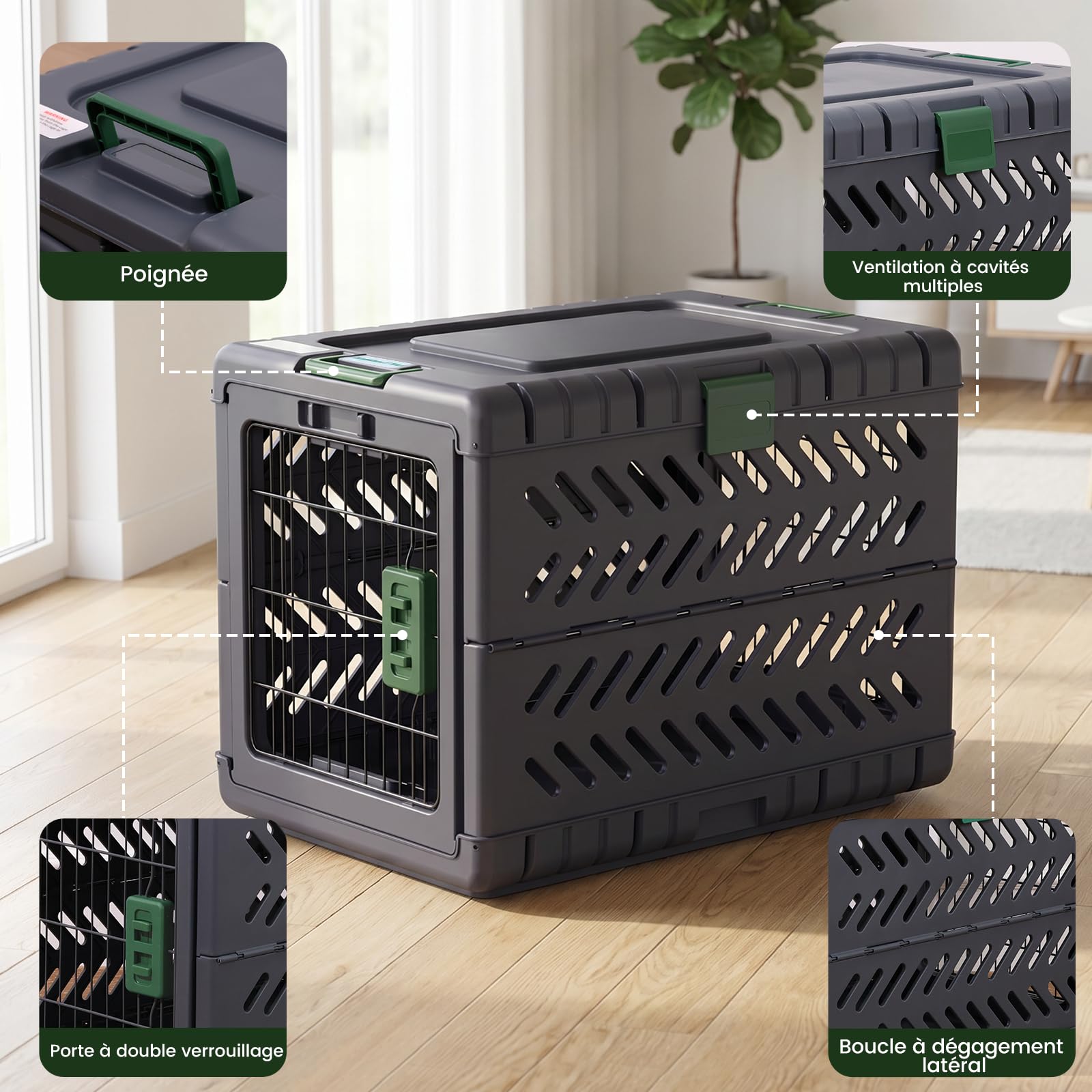 Gardner Pet Cage Portable pour Chiens Moyens Petits Chat 71x46.5x53cm, Cassie Transport pour Chien Pliable sans Outils avec 2 Roues-28 L-Vert