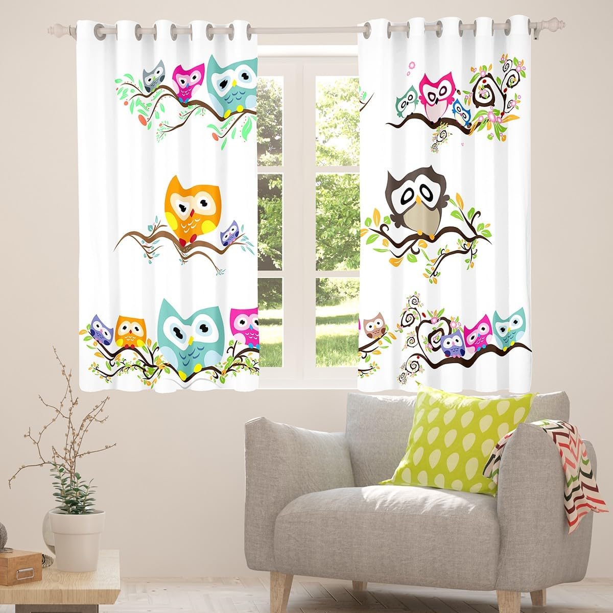 Cartoon Owl Curtains for Bedroom Living Room Kids Cute Animal Floral Leaf Printe Comter Kawaii Bird Branches ative Darkening Dreapes Owls Design White Window Treatments (2 Panels, 38 x 54 Inch)