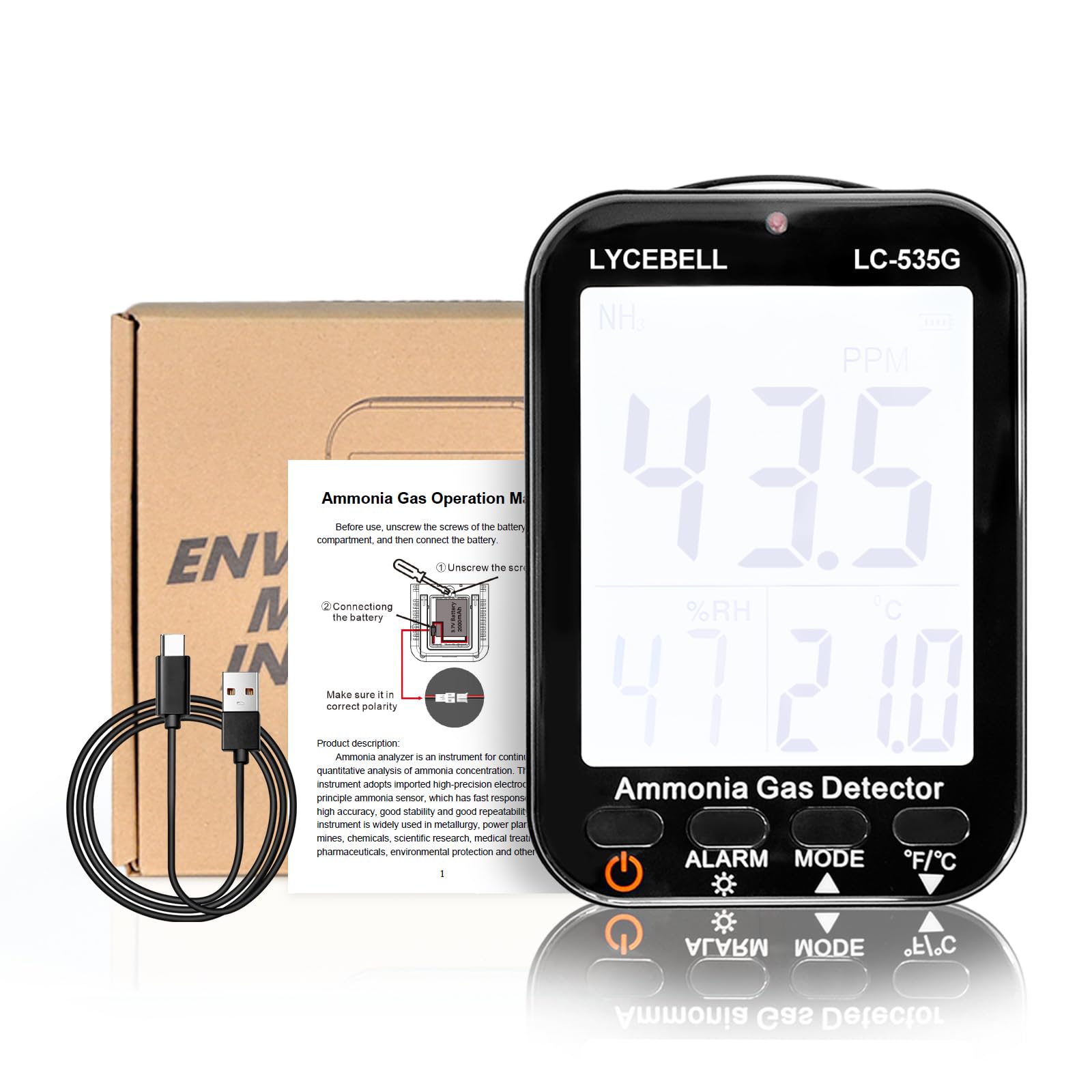 Rilevatore di gas ammoniaca 535G, monitor NH3 0-100ppm con doppio allarme, rilevatore di perdite di gas portatile ricaricabile per fattoria/industriale/casa, display temperatura e umidità