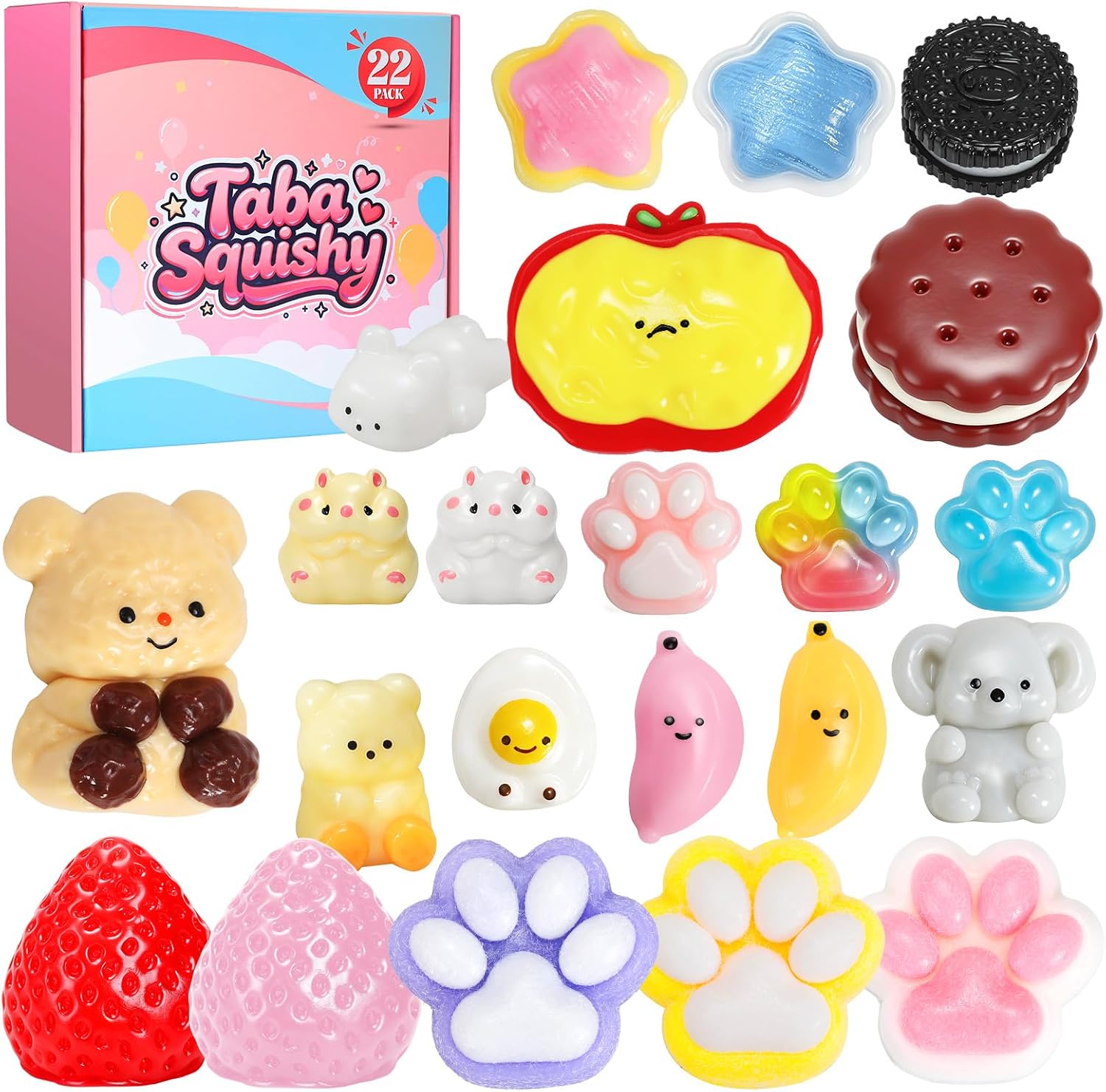 22PCS Taba Squishy Pack Fidget Toys, Taba Squishies Toys, Birthday Gifts for Children Ages 6 7 8 9 10 11 12, Easter Gifts, Squeeze Toys for Kids, Goodie Bag Stress Relief Toys