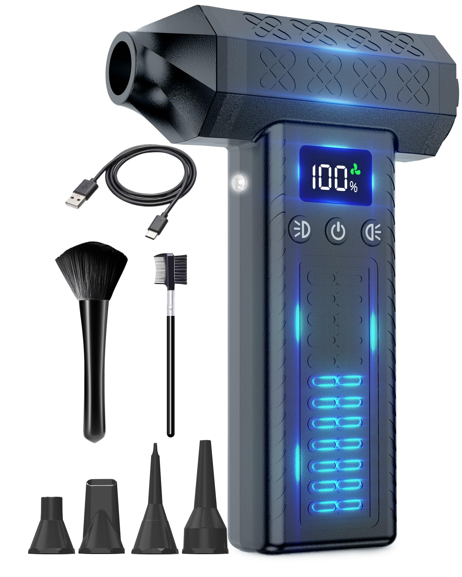 FOXKING 最強風力120m/s 洗車 ブロワー 最強 300000rpm電動エアダスター 小型ミニブロワー (3段風量調整· 8000mAh· 200分連続作業可) 充電式ブロアー 2個LEDライト付き 274g軽量 コードレス LCD数字ディスプレイ搭載 純真鍮ターボブラシレスモーター カメラ/pc/キーボード/パソコン疾風掃除 水滴飛ばし (ダークグレー)