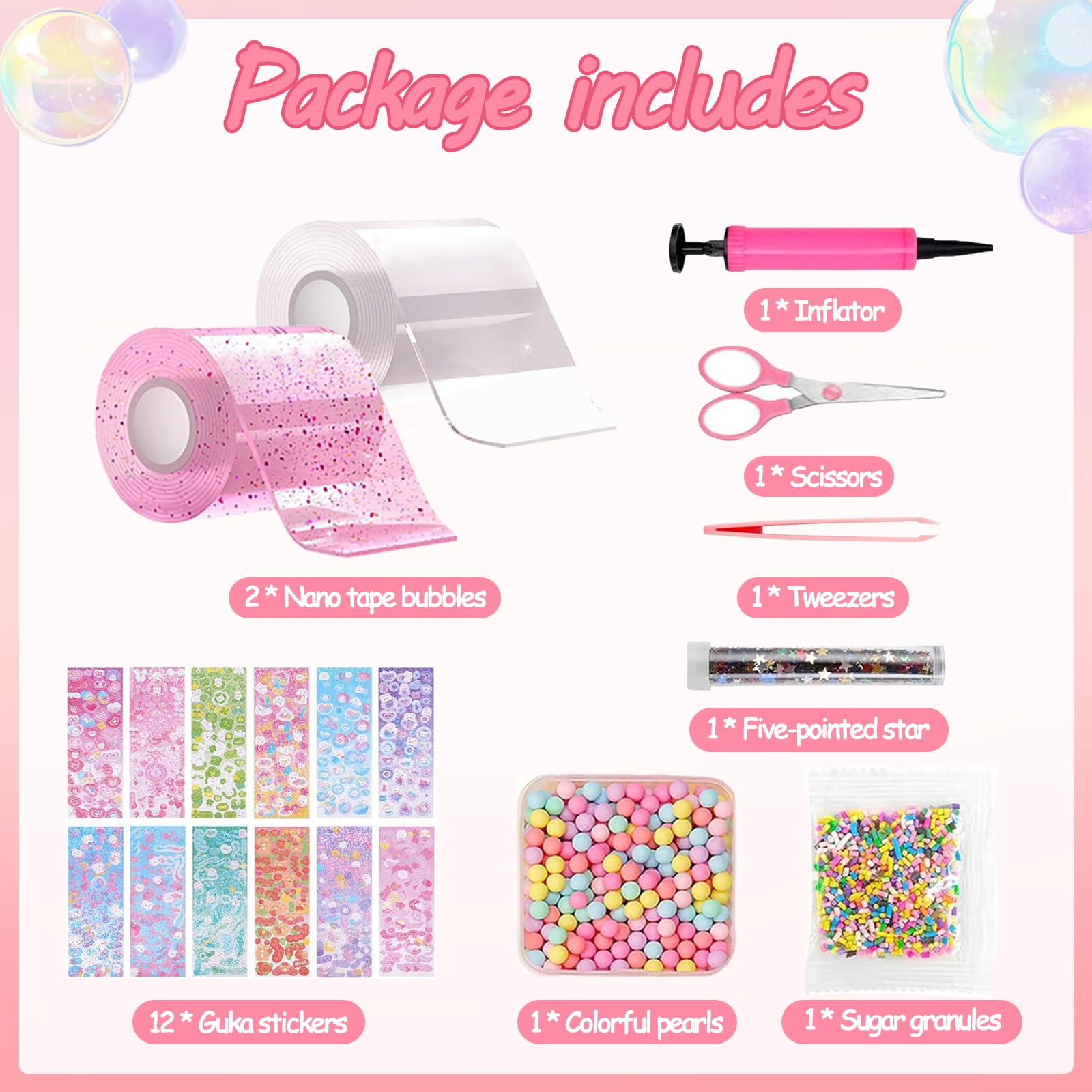 20Pcs Nano Tape Bubbles Kits de Loisir Creatif Enfant,Double Face Transparent, Ruban adhésif Nano pour Faire des Bulles avec Autocollant à Paillettes(Transparente+Rose)