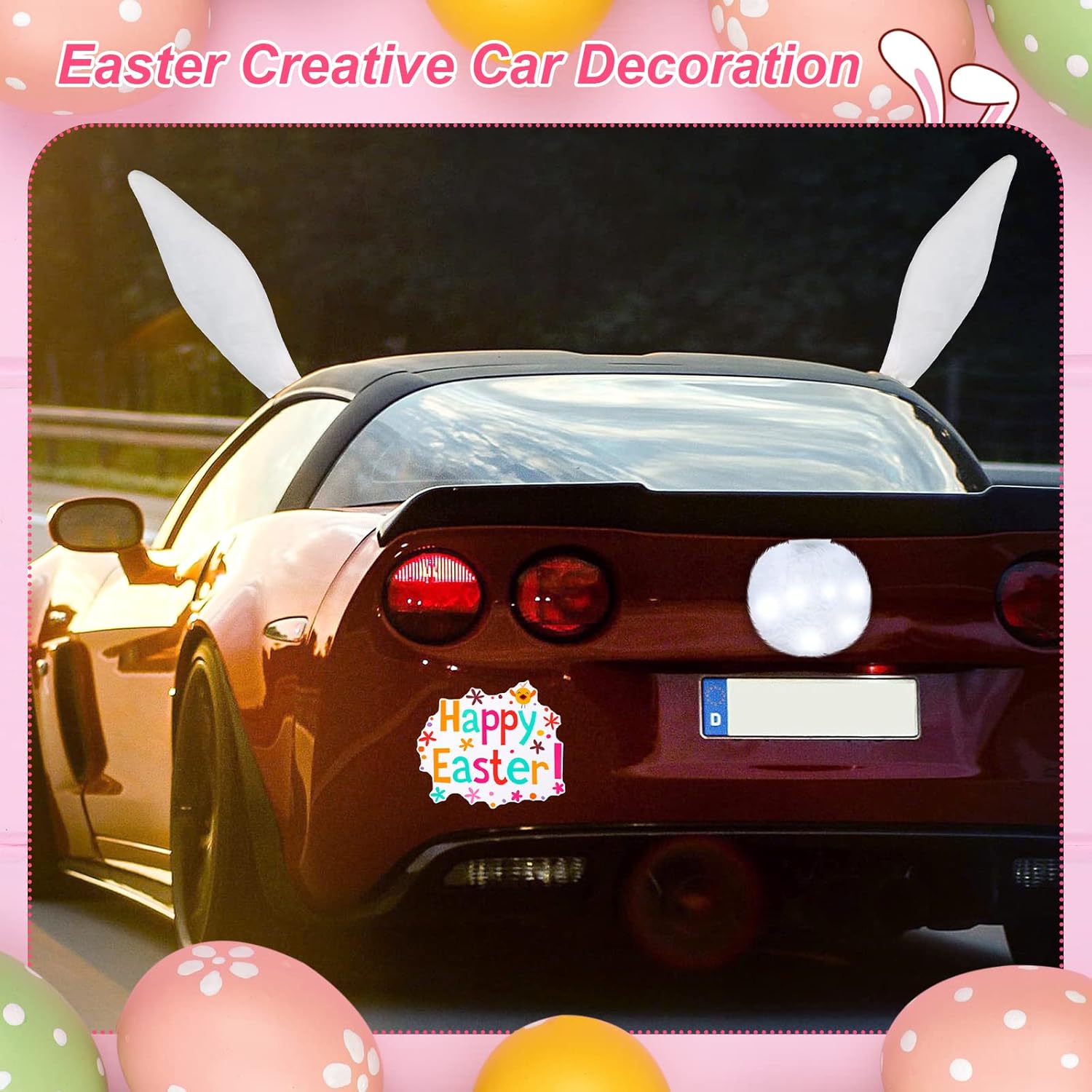 Frienda 4 Pieces Easter Car Rabbit Bunny Ears Decorations with LED Lights and 4 Sheets Rabbit Happy Easter Electrostatic Sticker for Auto Easter Party Decorations (Lovely Style)