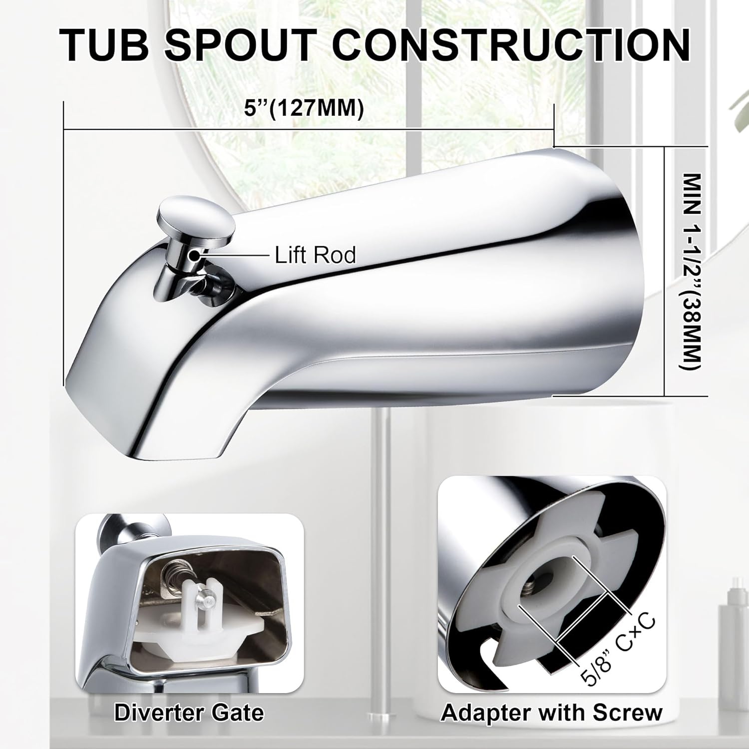 Enhon Tub Spout with Diverter, Slip-Fit Bathtub Faucet Spout Replacement, 1/2 Copper Pipe Connection, Easy to Install, Universal for Bathroom Shower(Chrome Color,2 Pack)