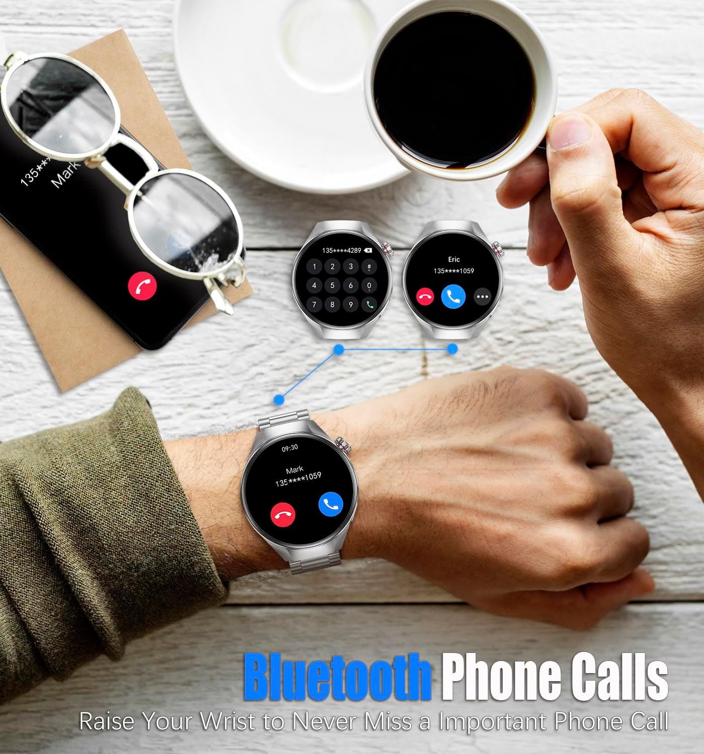 A person wearing the KALPADIVES RT-G5Plus Smartwatch, demonstrating its Bluetooth call function with a phone nearby.