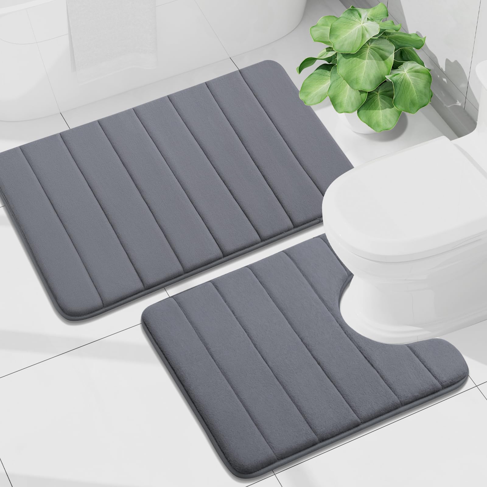 Buganda Bathroom Mat Set, 2 Piece Memory Foam Bath Mat and U-Shaped Toilet Rug, Machine Wash Dry, Soft Non Slip Absorbent Bath Rug for Bathroom,