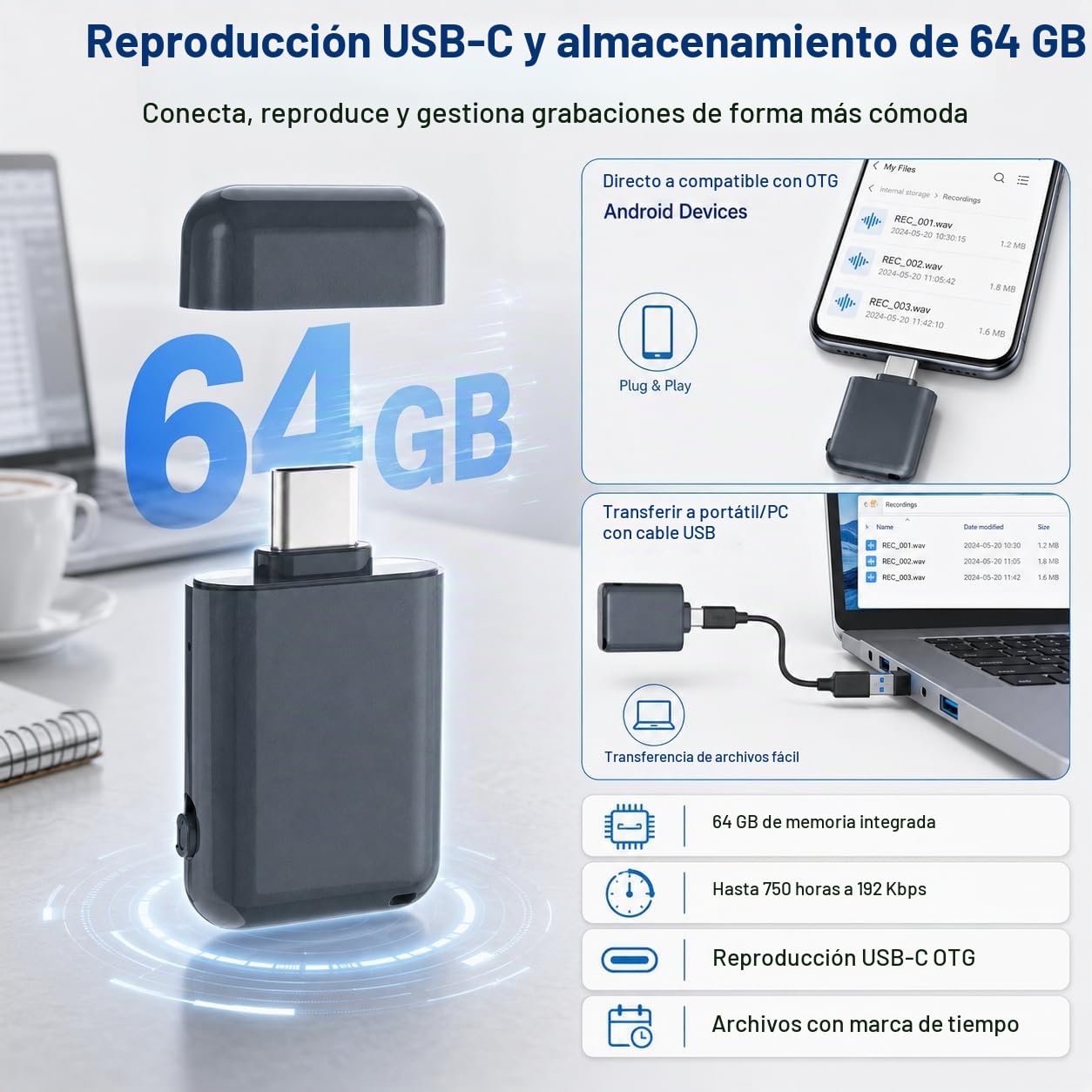 Mini Grabadora de Voz - Grabadora de Voz de 64 GB 1536 Kbps con Grabación One-Touch, Grabadora de Voz Espía Discreta para Reuniones, Cursos
