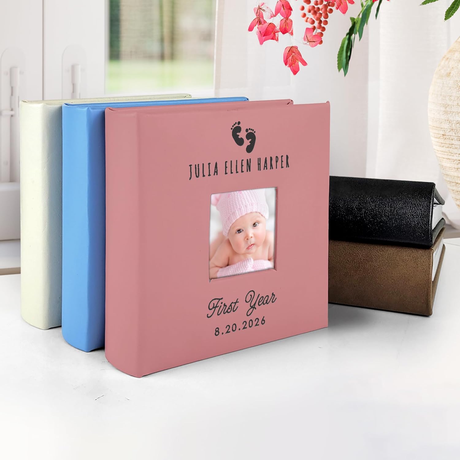 Small Personalized Baby First Year Feet Small Leatherette Photo Album Holds 100 Photos