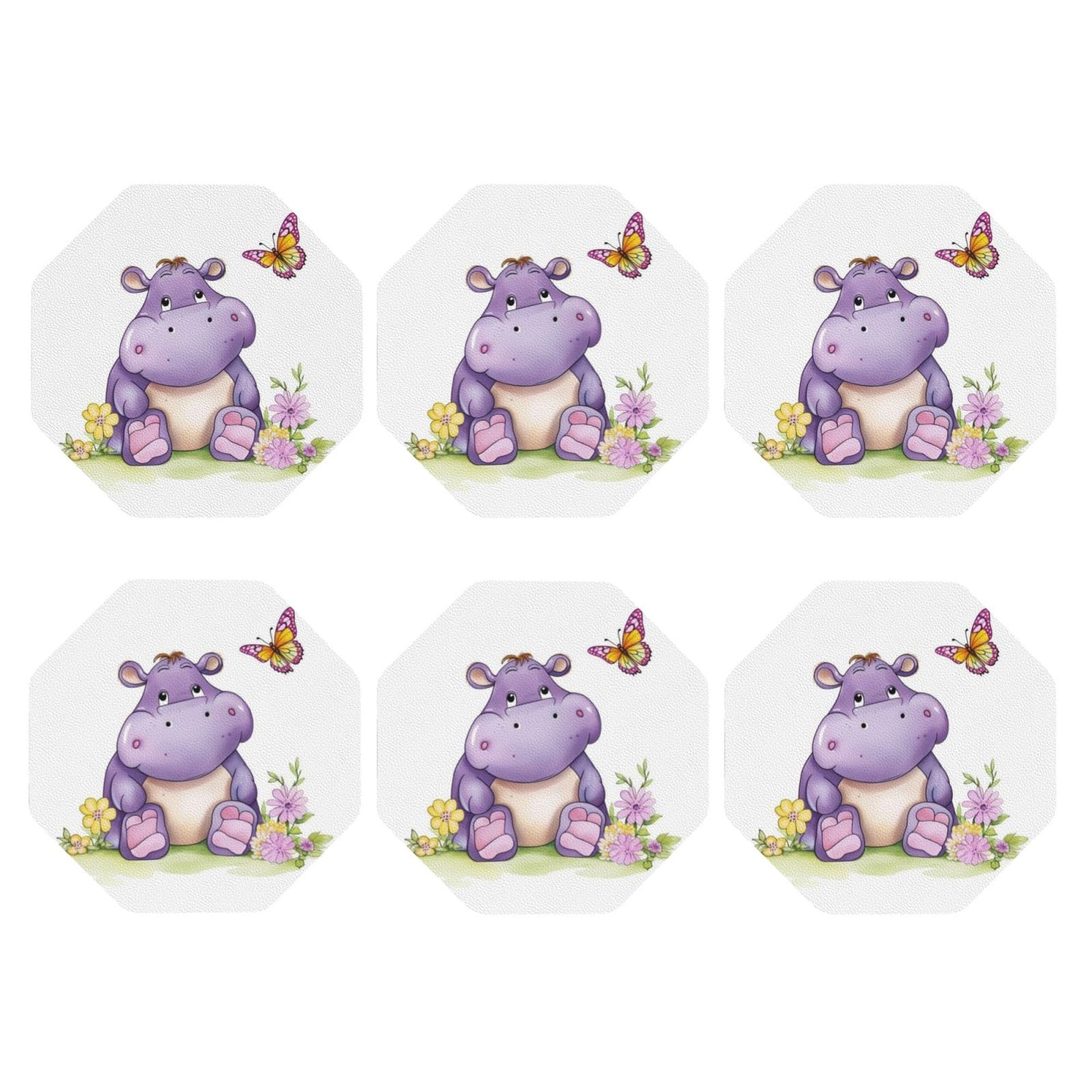 6pcs Leather Coasters for Drinks, Butterfly and Hippo Drink Coasters for Tabletop Protection, 4" Cup Coasters for Coffee Table Decor, Non-Slip Drinking Cup Mat for Hot Or Cold Drink
