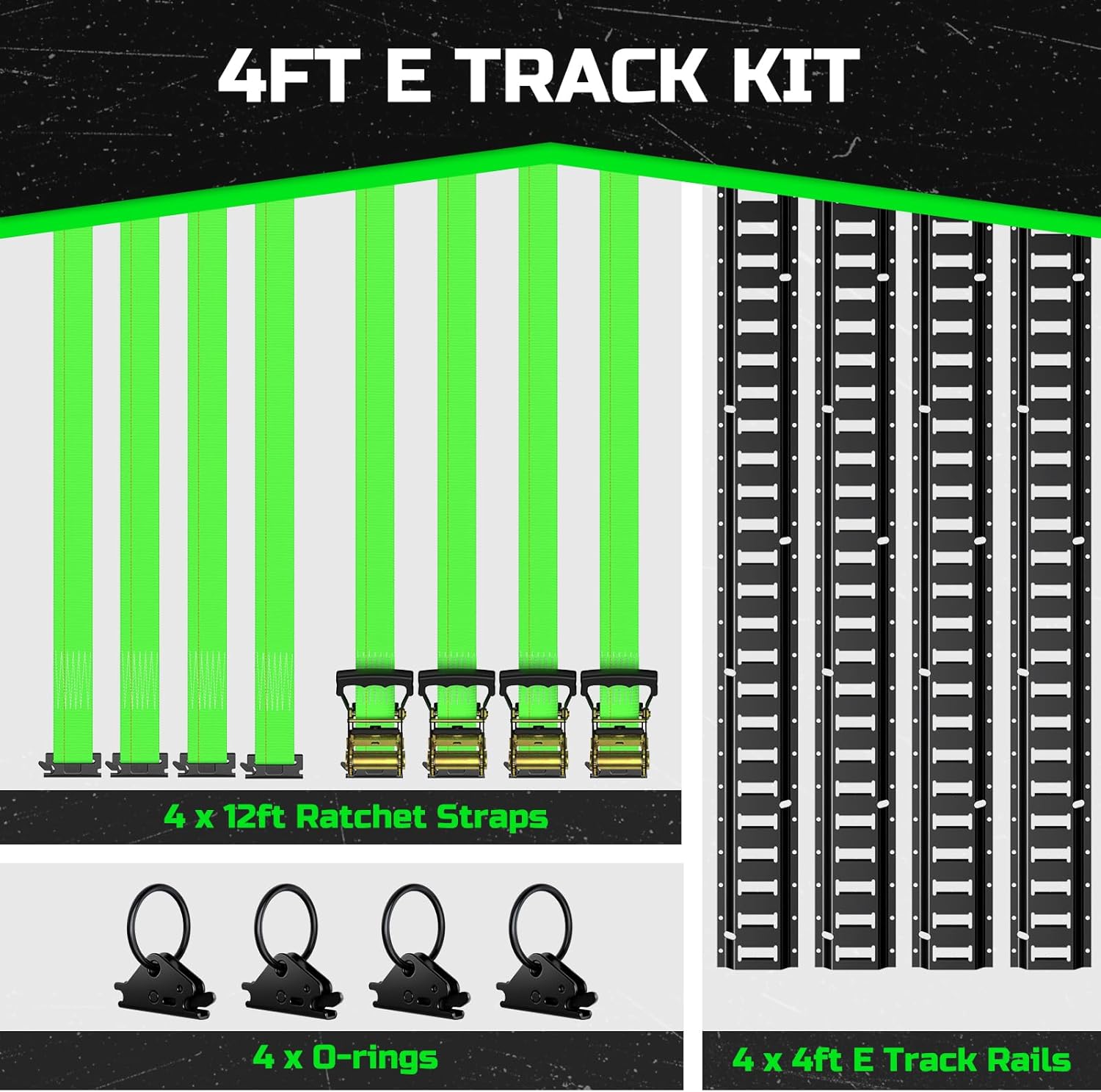Trekassy E Track Rail Kit 4ft with 4 Ratchet Straps & 4 O-Rings, Heavy-Duty Black E-Track for Trailers, Vans, Trucks, Garages