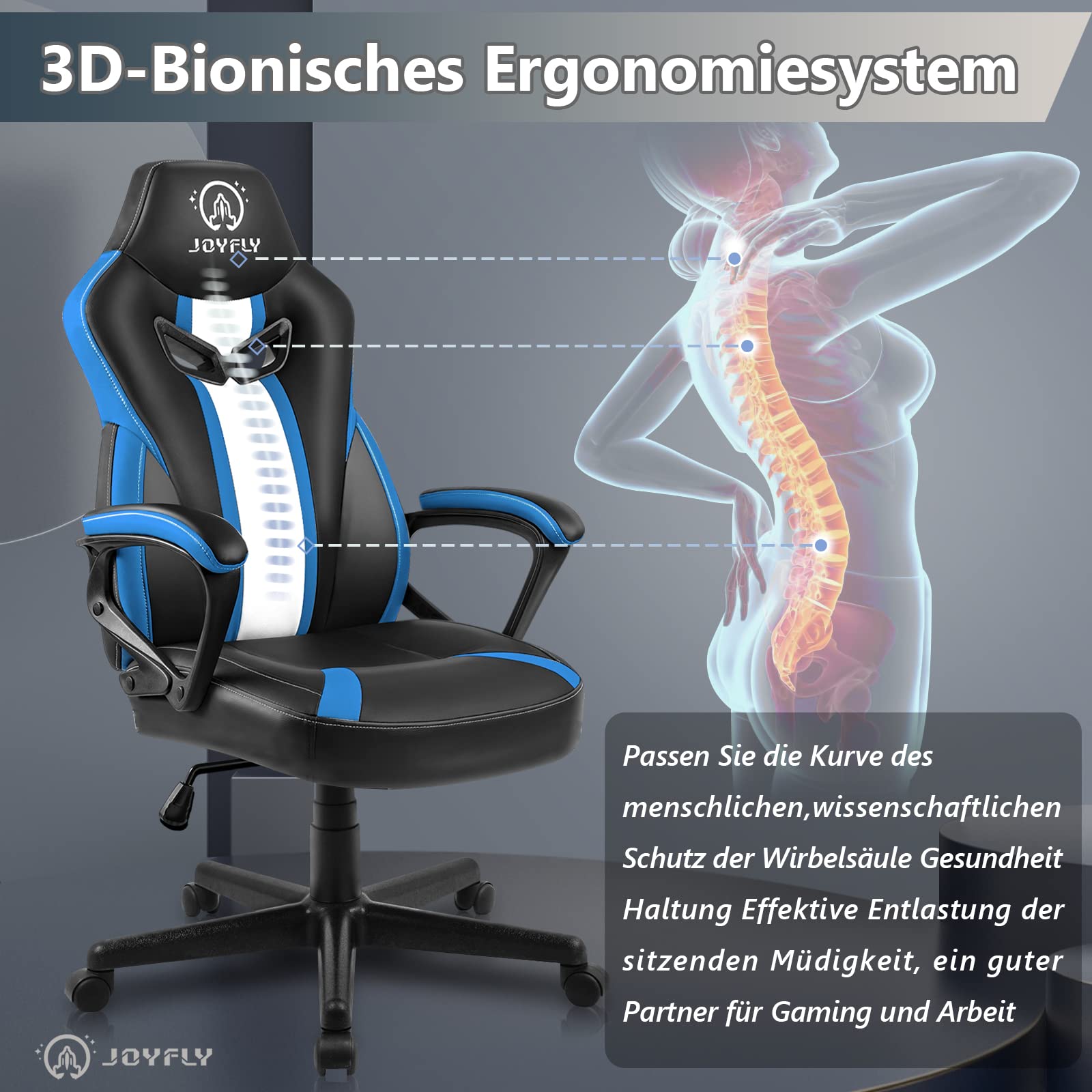 JOYFLY Sedia da Gaming Ergonomica Sedia da Gioco con Supporto Lombare Pelle di PU Poltrona per Gamer con Altezza Regolabile, Adulti Giovani(Blu)