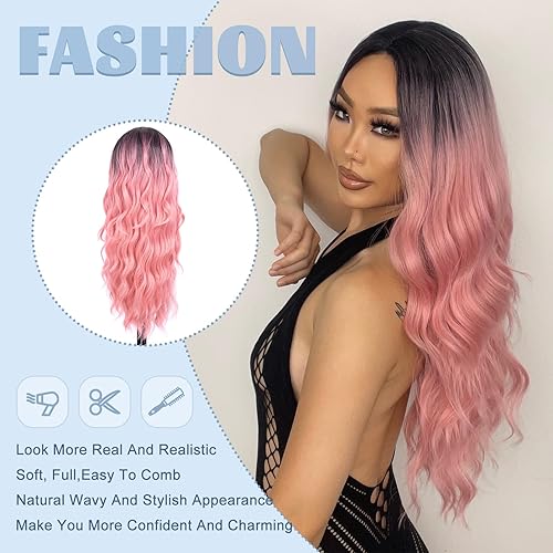 Miniatura 3 de Peluca rosa larga color rosa degradado para mujer, 26 pulgadas, parte media, rizada, ondulada, rosa, de aspecto natural, resistente al calor,