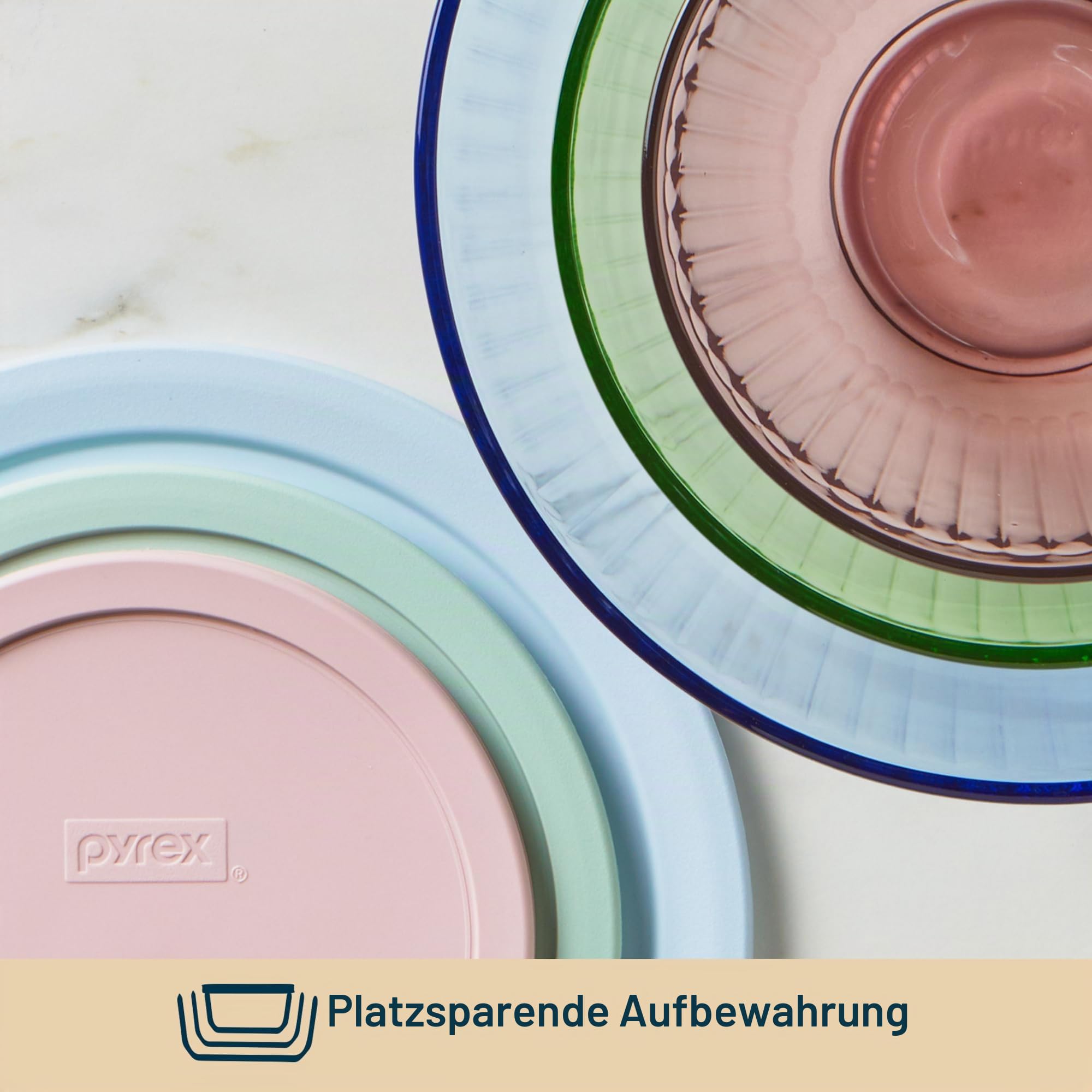 Pyrex Colors Rührschüsseln aus getöntem Glas mit Deckel, platzsparendes Set zum Zubereiten und Backen, 1,3 l, 2,3 l und 4,5 qm, Rosa, Grün, Blau, 3 Stück