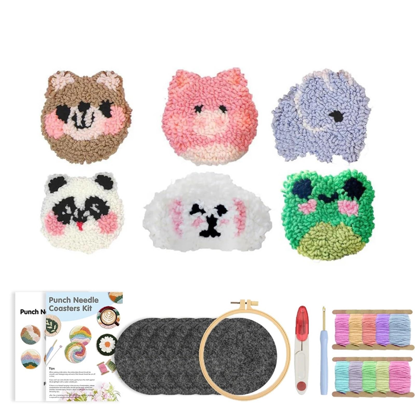 1set Punch Needle Animal Coaster Kit For Beginners DIY Tufted Rug Pads With Adhesive Felt Yarns Embroidery for DIY(Color1)